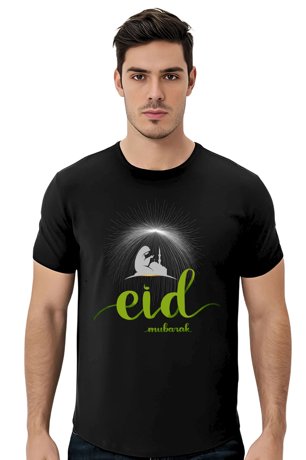 Eid Mubarak Graphic T-Shirt, Black Cotton, Mosque Design with Green Text