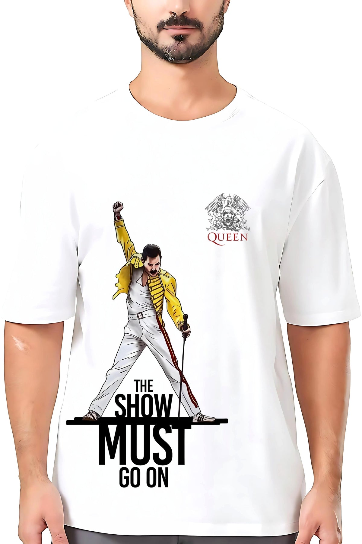 Queen Band Graphic Oversize T-Shirt, The Show Must Go On Print, White Cotton, Short Sleeve