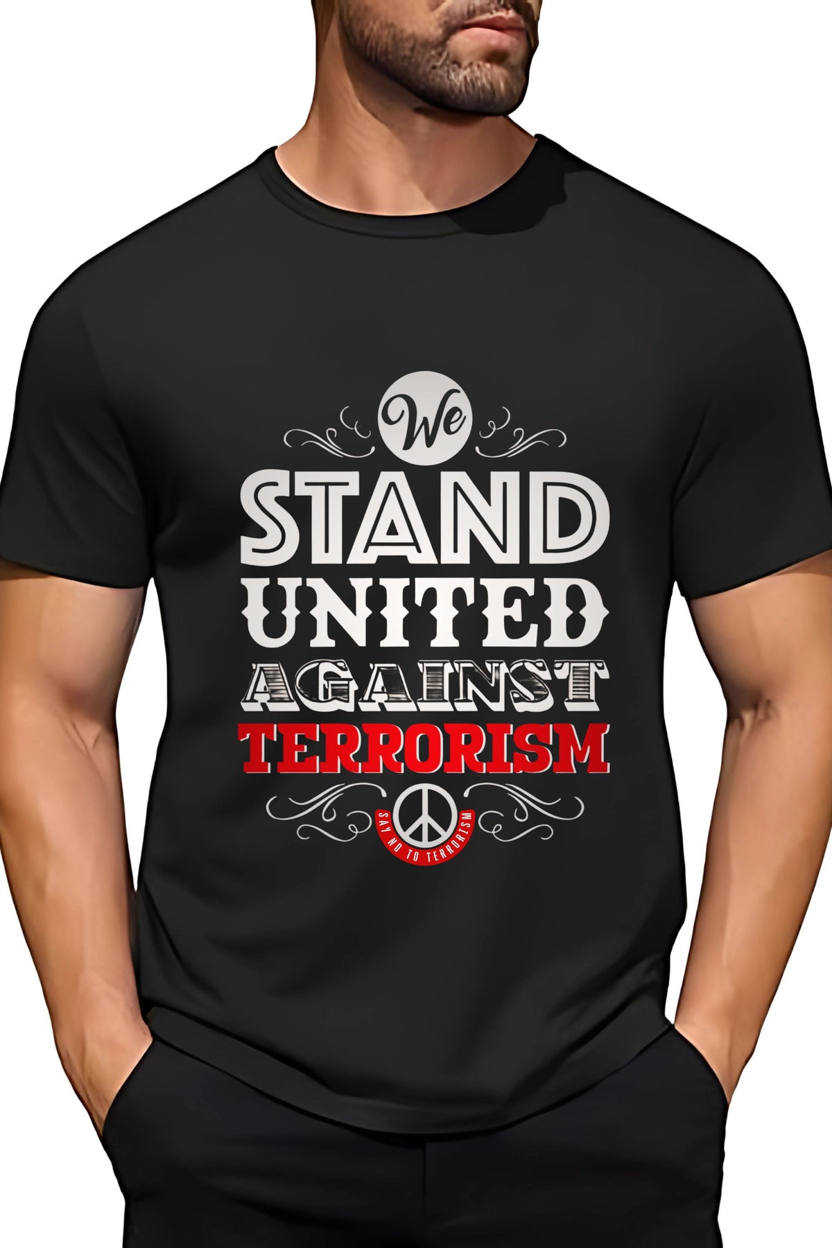 United Against Terrorism Peace Symbol T-Shirt, Black Graphic Print Cotton Tee