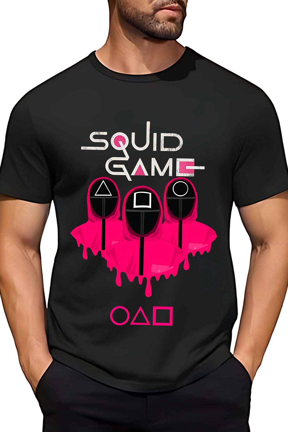 Squid Game Graphic T-Shirt, Black Cotton, Pink Print Design, Unisex