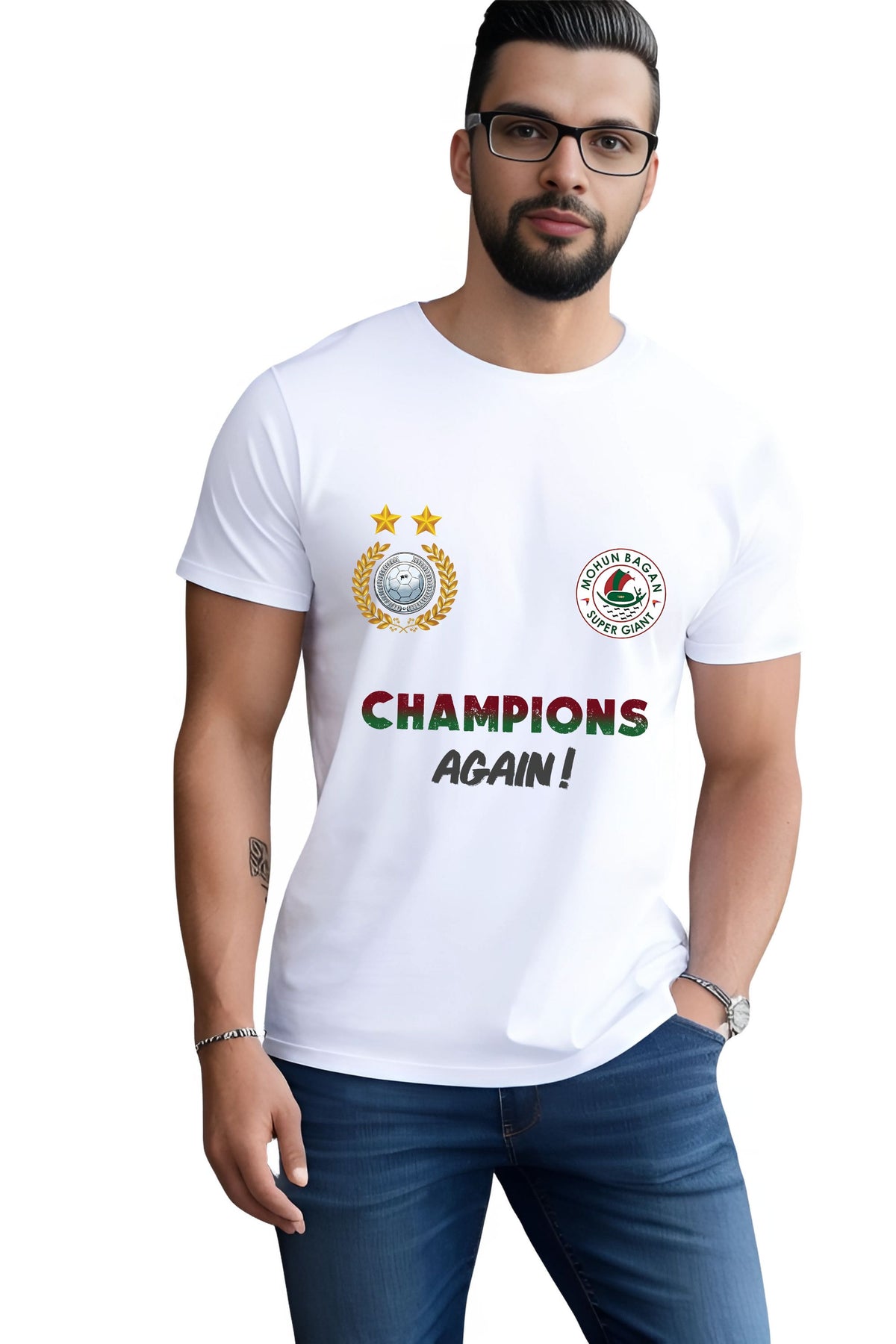 Mohun Bagan Champions Again Sports T-Shirt, Cotton, Crew Neck, Graphic Print