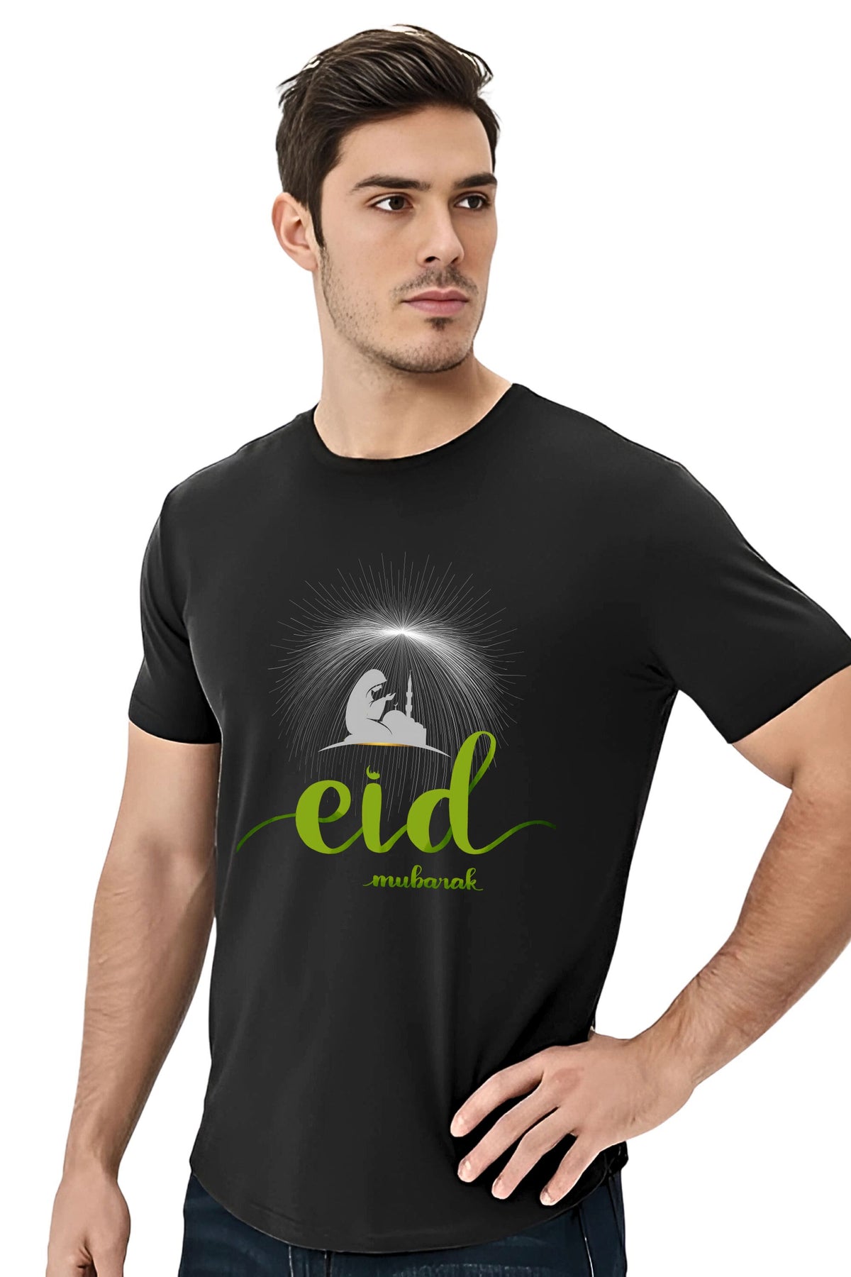Eid Mubarak Graphic T-Shirt, Black Cotton, Mosque Design with Green Text