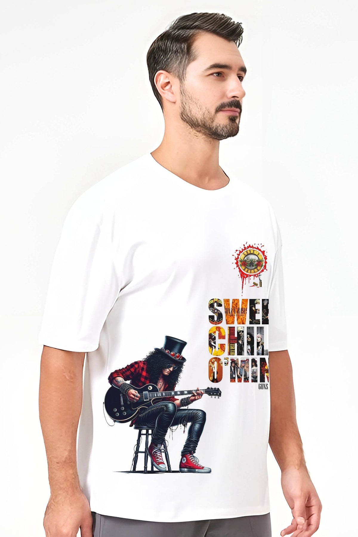 Guns N' Roses Sweet Child O' Mine Graphic Oversize T-Shirt, White Cotton, Rock Band Design