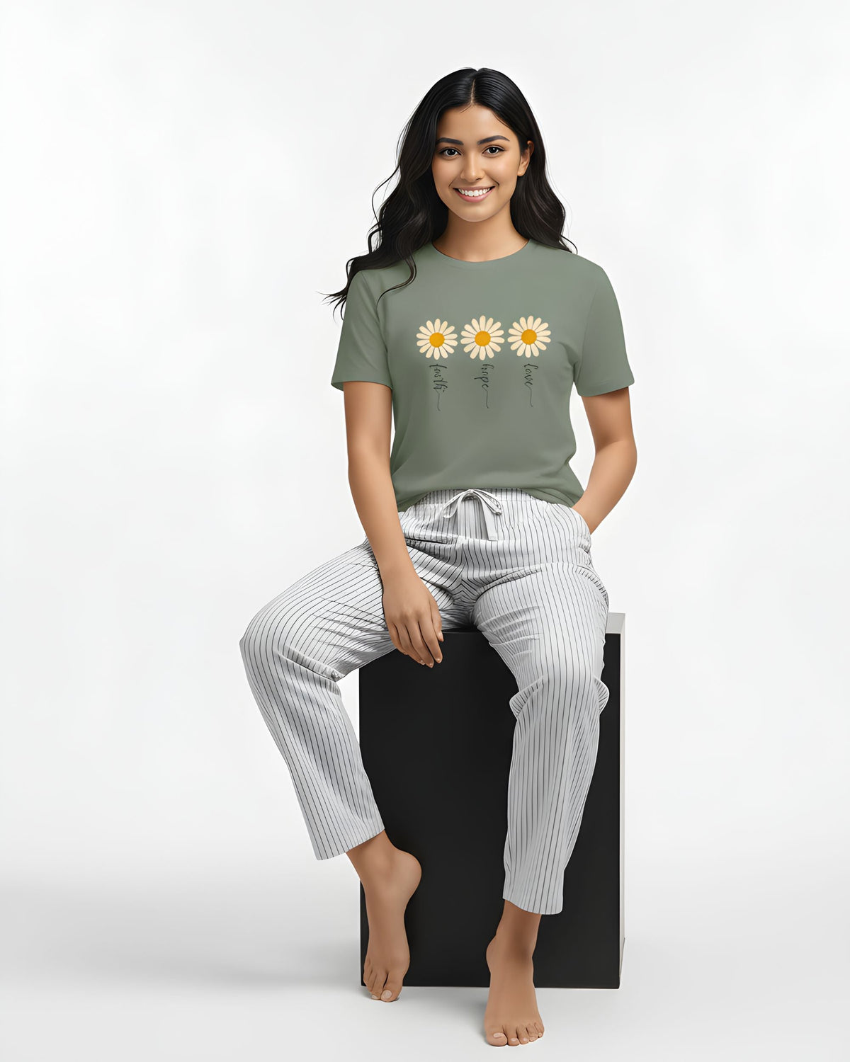 Women's olive green graphic print pure cotton 180gsm t-shirt - front view