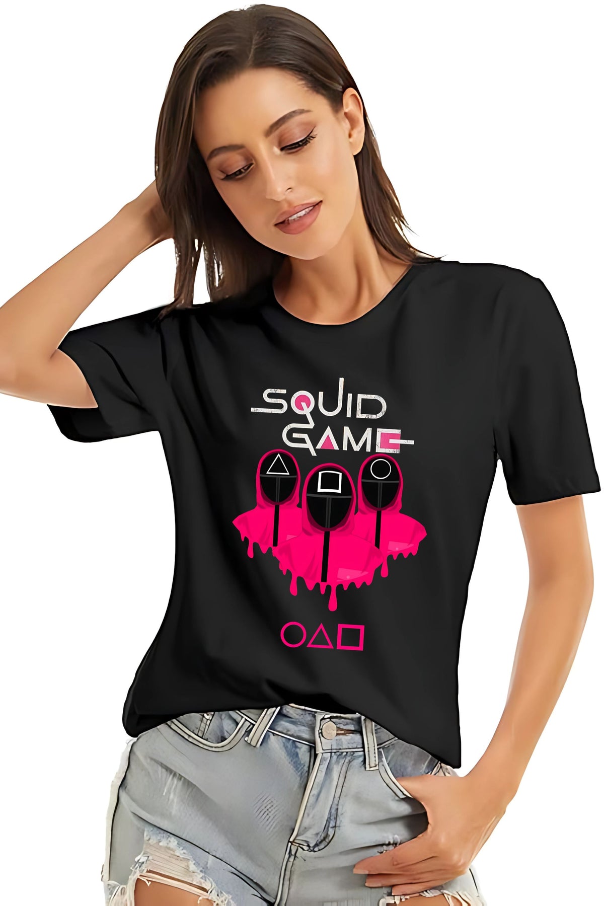 Squid Game Graphic T-Shirt, Black Cotton, Pink Print Design, Unisex