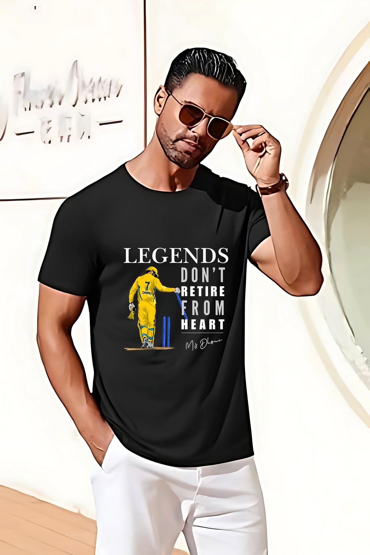 BRATMA Cricket Legend Dhoni Graphic T-Shirt, Legends Don't Retire from Heart Print, Black Cotton Round Neck, Sports Fan Wear