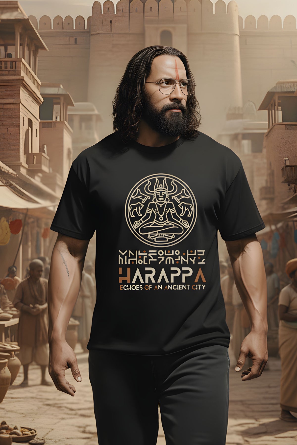 Harappa Ancient History Graphic Print Unisex Oversized T-Shirt, Black, Cotton, Half Sleeve, Crew Neck, Casual