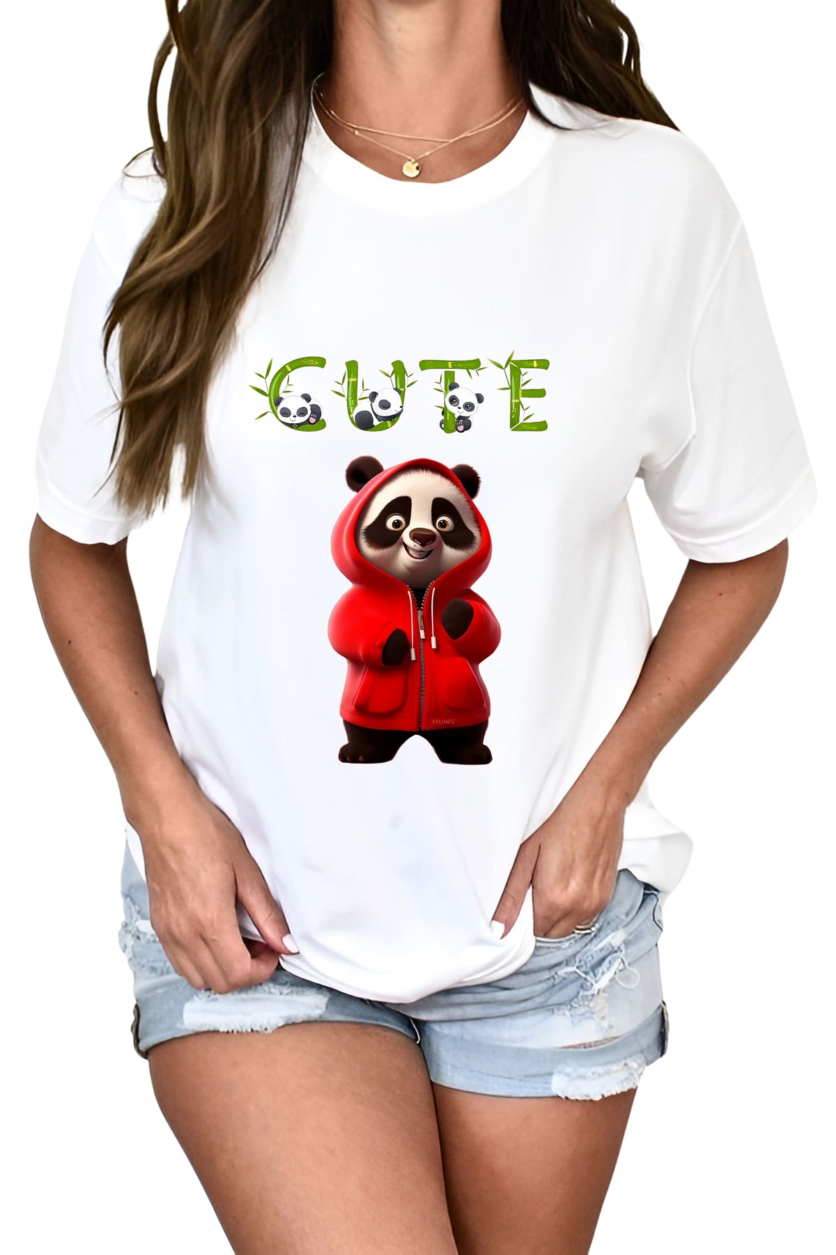 Cute Panda Graphic T-Shirt, White Cotton, Bamboo Text Design with Red Panda Print