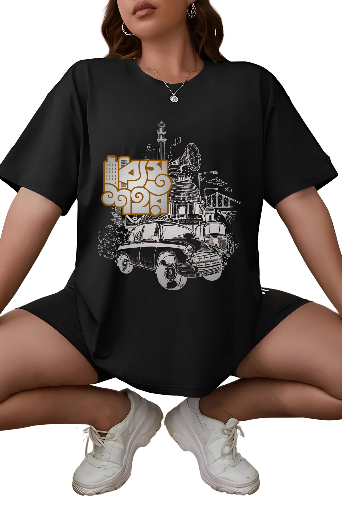 Vintage Kolkata City Design T-Shirt, Black Cotton, Retro Car Print, Unisex