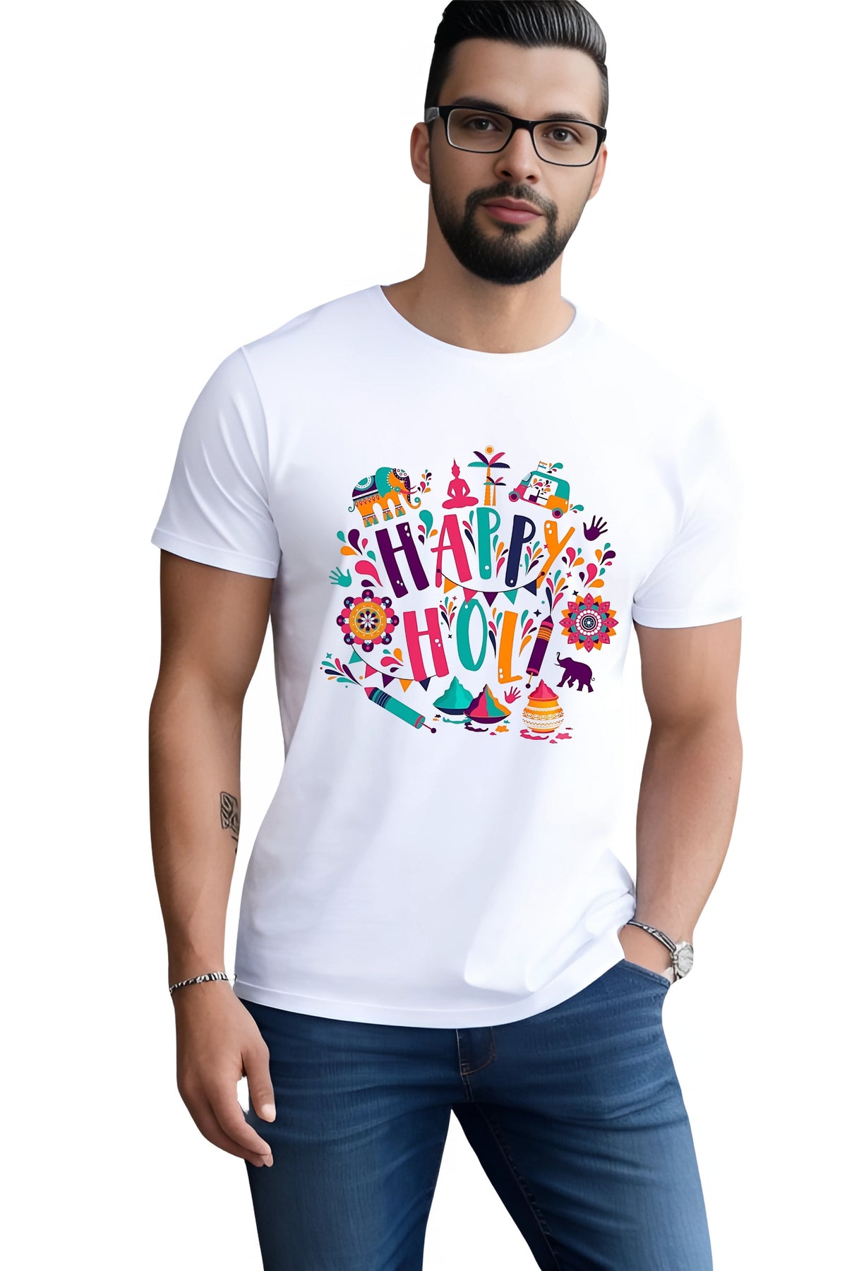 Happy Holi Festival Graphic T-Shirt, Unisex, White Polyester