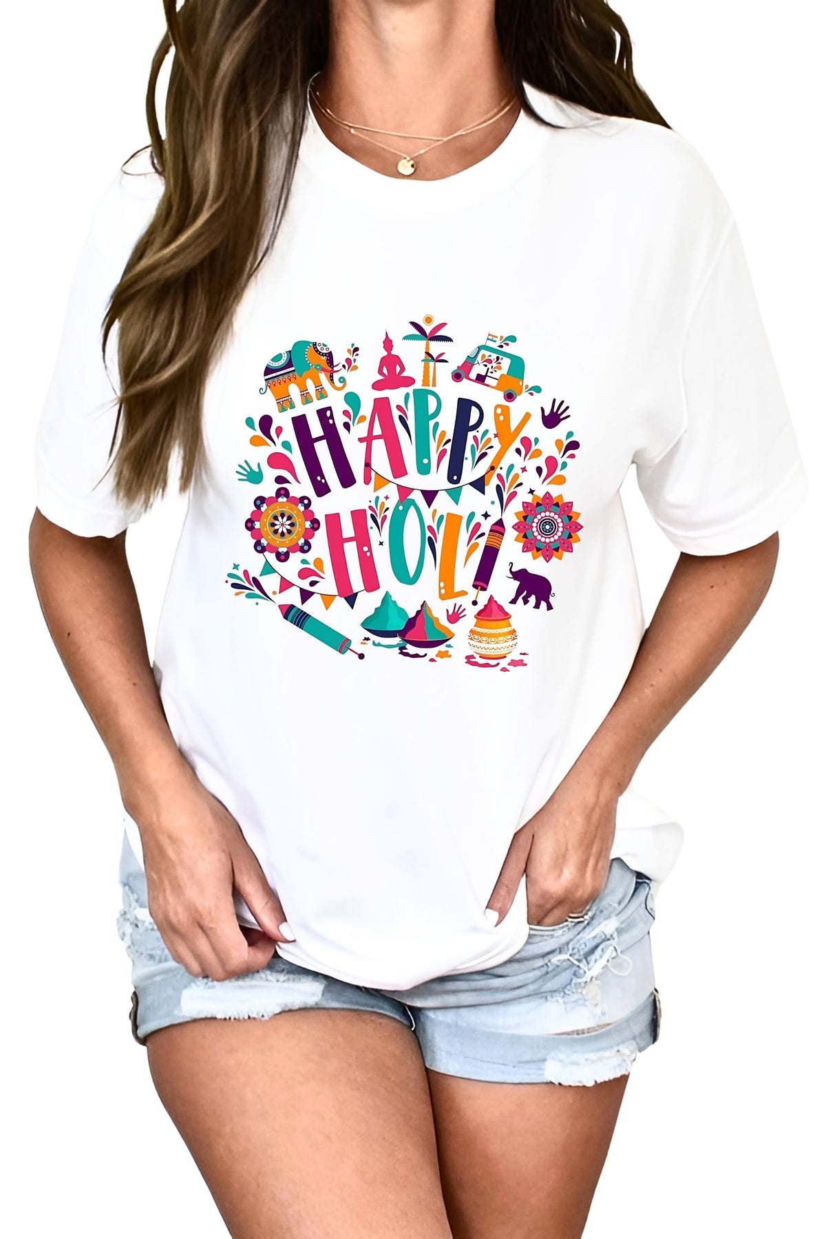 Happy Holi Festival Graphic T-Shirt, Unisex, White Polyester