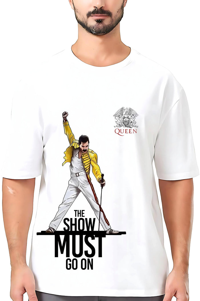 Queen Band Graphic Oversize T-Shirt, The Show Must Go On Print, White Cotton, Short Sleeve