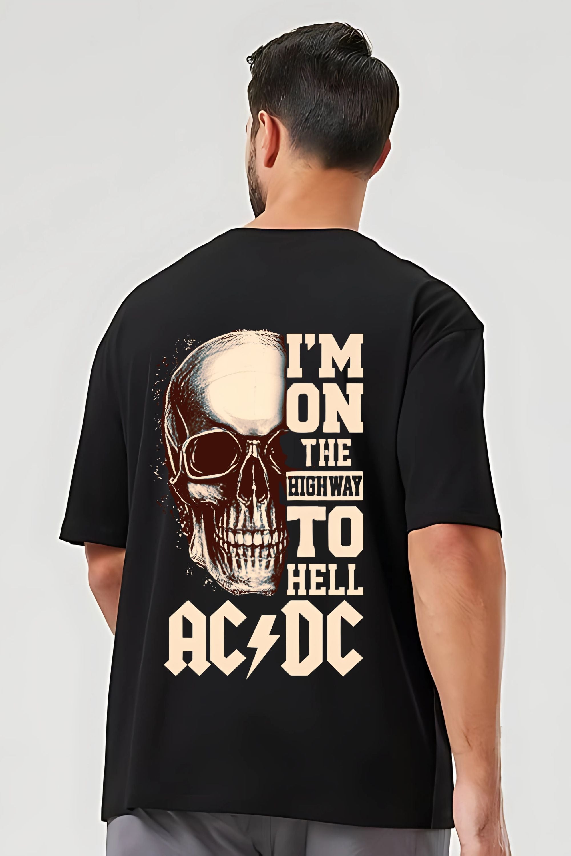 AC/DC Highway to Hell Rock Band T-Shirt, Black Oversize Cotton, Skull Design, Front and Back Print