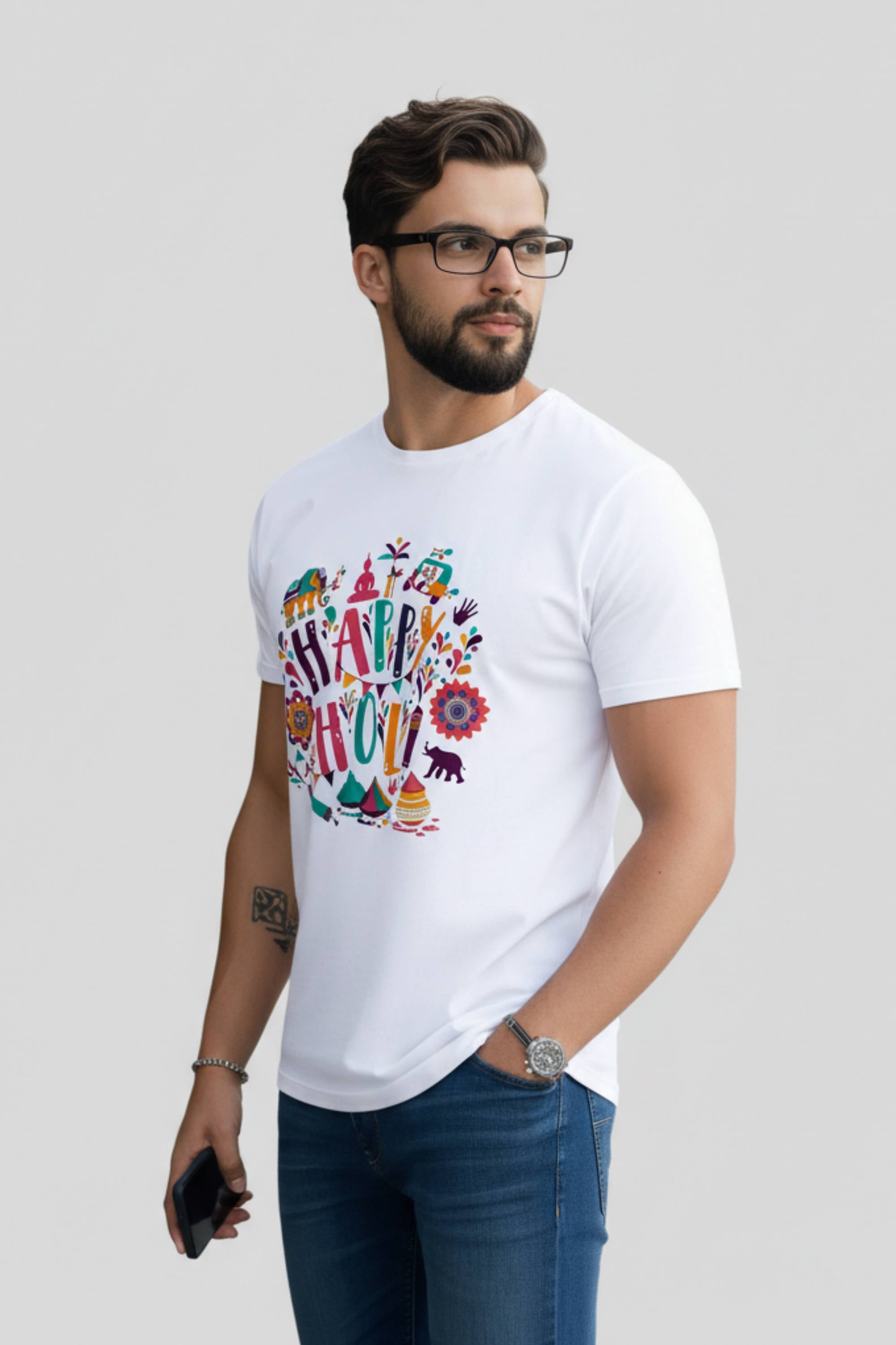 Happy Holi Festival Graphic T-Shirt, Unisex, White Polyester