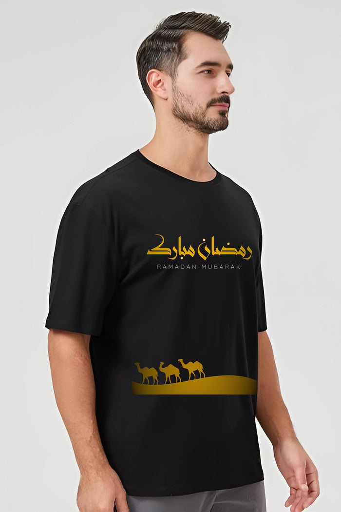 Ramadan EID Mubarak Oversize T-Shirt with Arabic Calligraphy and Camel Design, Black