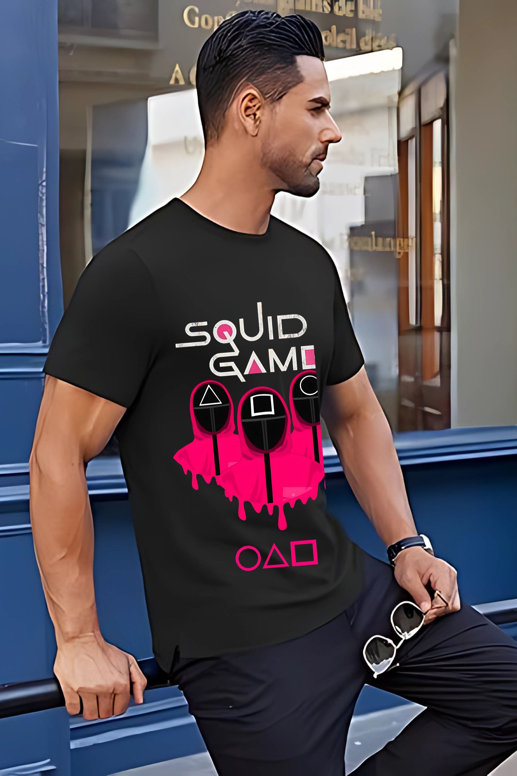 Squid Game Graphic T-Shirt, Black Cotton, Pink Print Design, Unisex