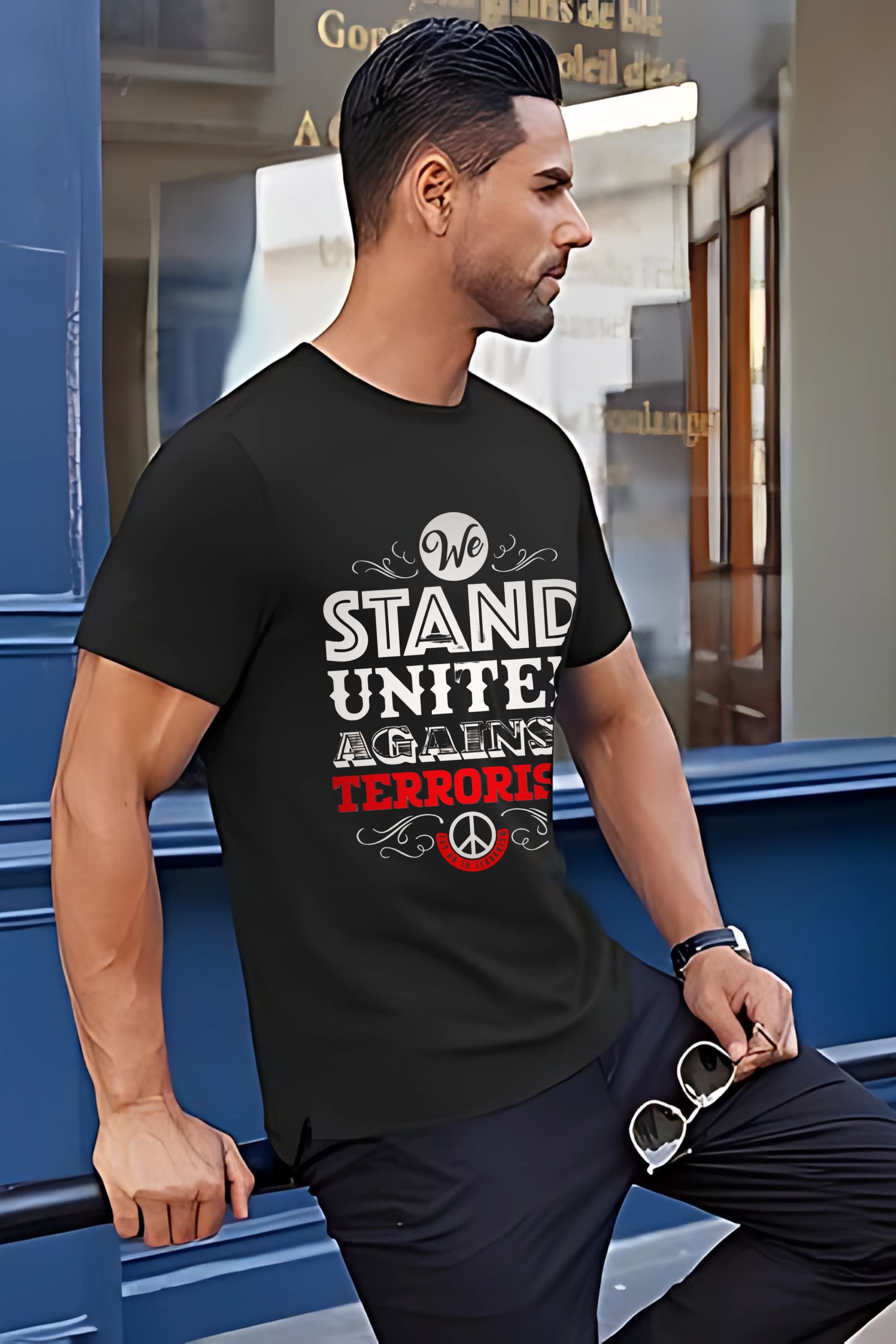 United Against Terrorism Peace Symbol T-Shirt, Black Graphic Print Cotton Tee