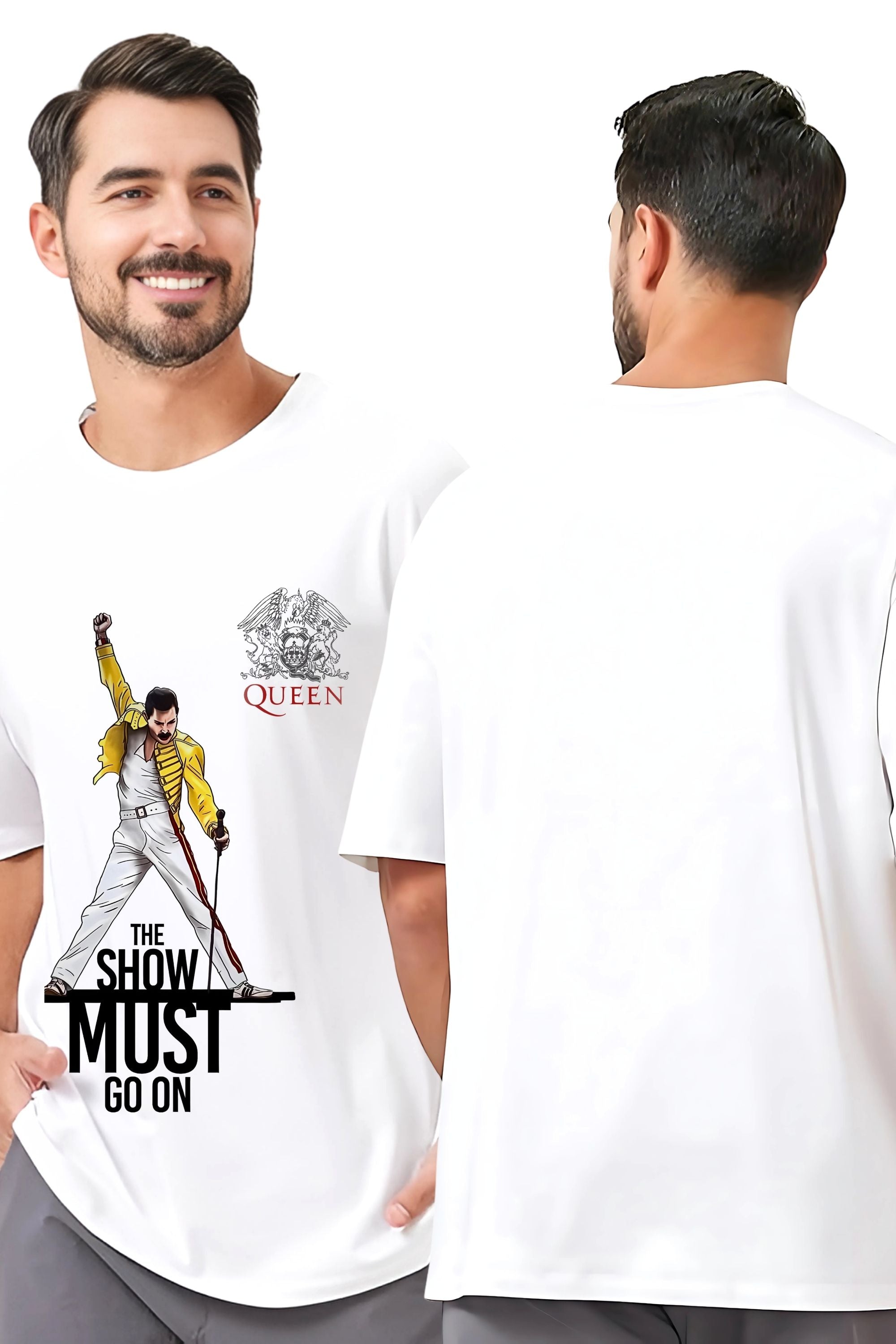 Queen Band Graphic Oversize T-Shirt, The Show Must Go On Print, White Cotton, Short Sleeve