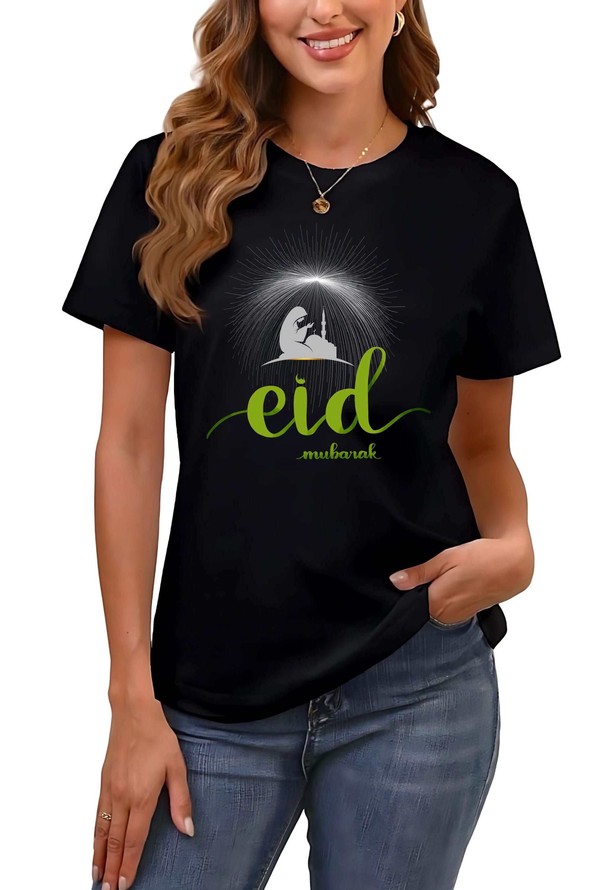 Eid Mubarak Graphic T-Shirt, Black Cotton, Mosque Design with Green Text