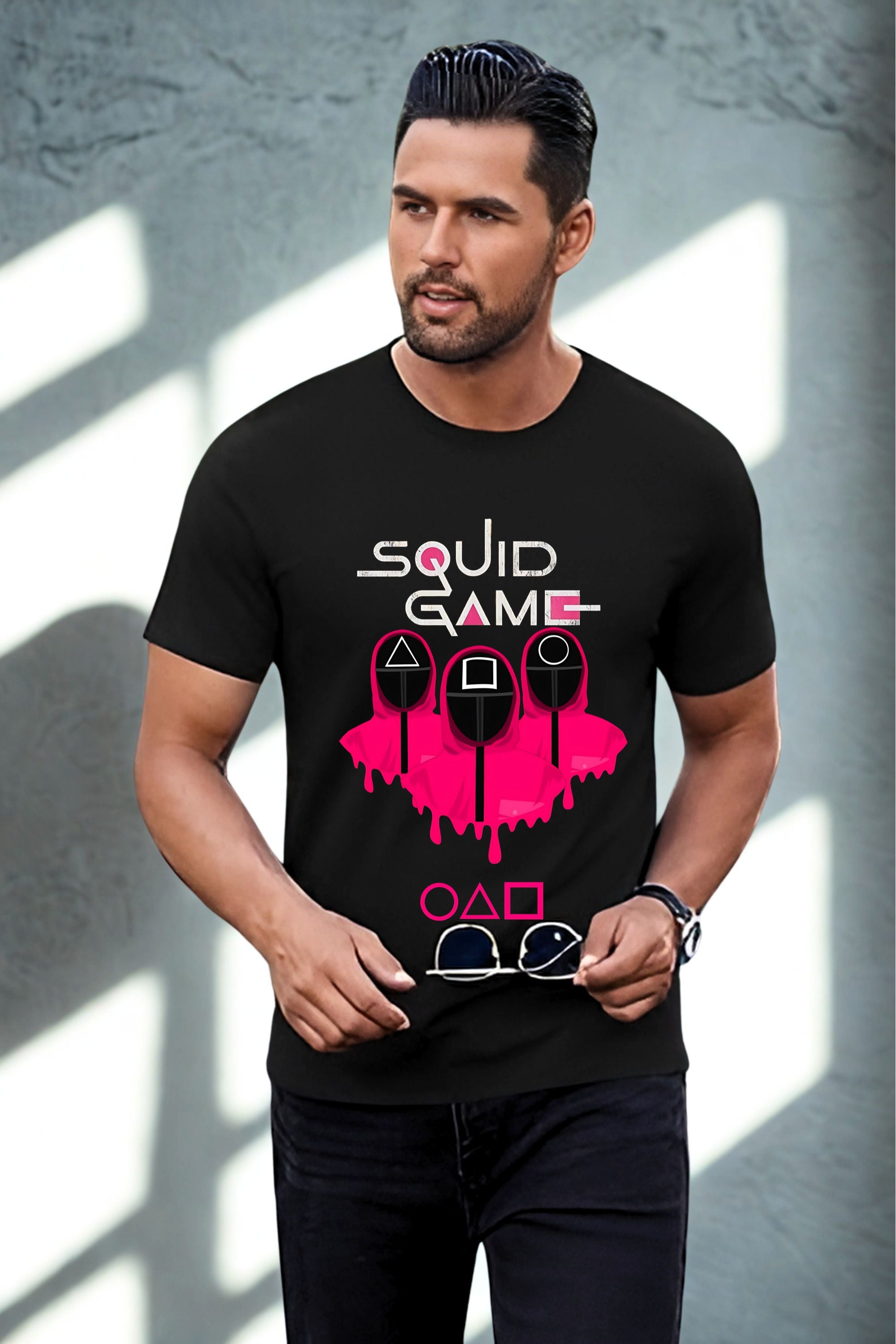 Squid Game Graphic T-Shirt, Black Cotton, Pink Print Design, Unisex
