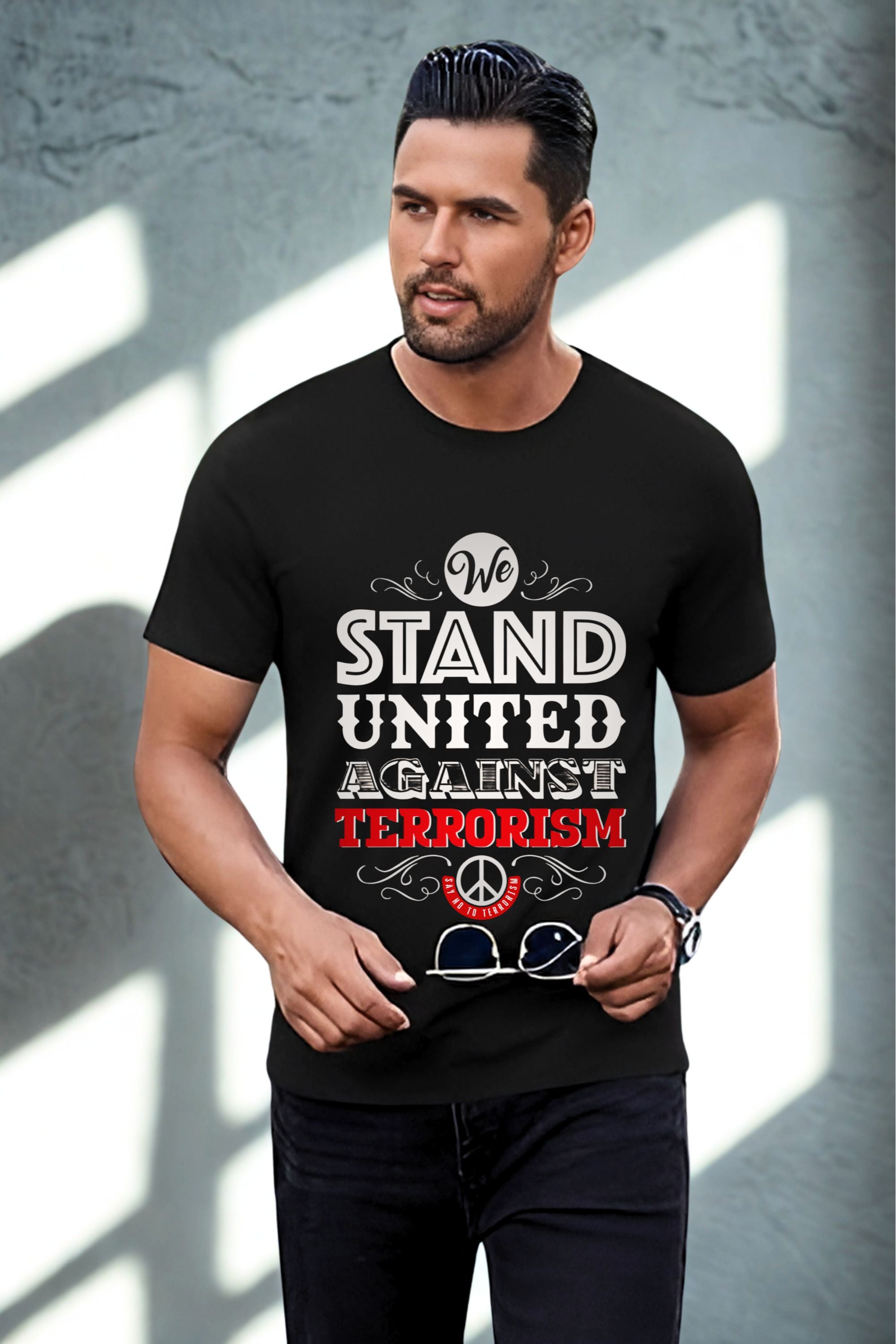 United Against Terrorism Peace Symbol T-Shirt, Black Graphic Print Cotton Tee