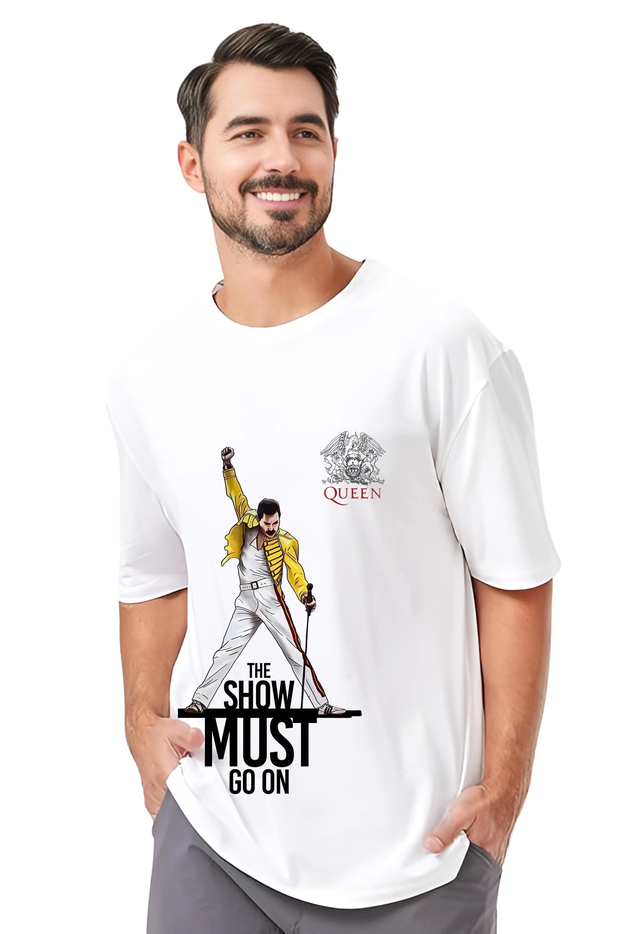 Queen Band Graphic Oversize T-Shirt, The Show Must Go On Print, White Cotton, Short Sleeve