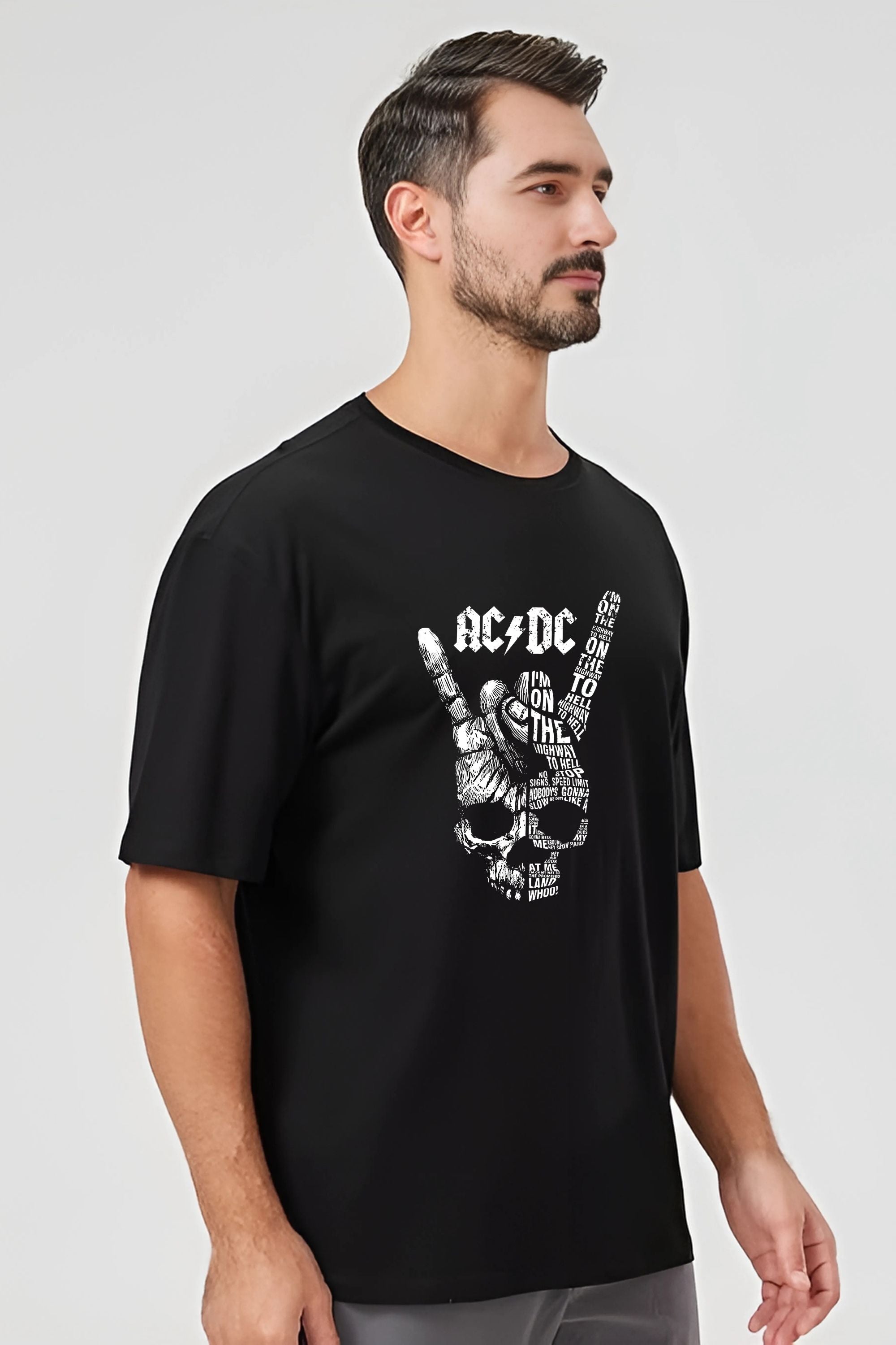 AC/DC Highway to Hell Rock Band T-Shirt, Black Oversize Cotton, Skull Design, Front and Back Print