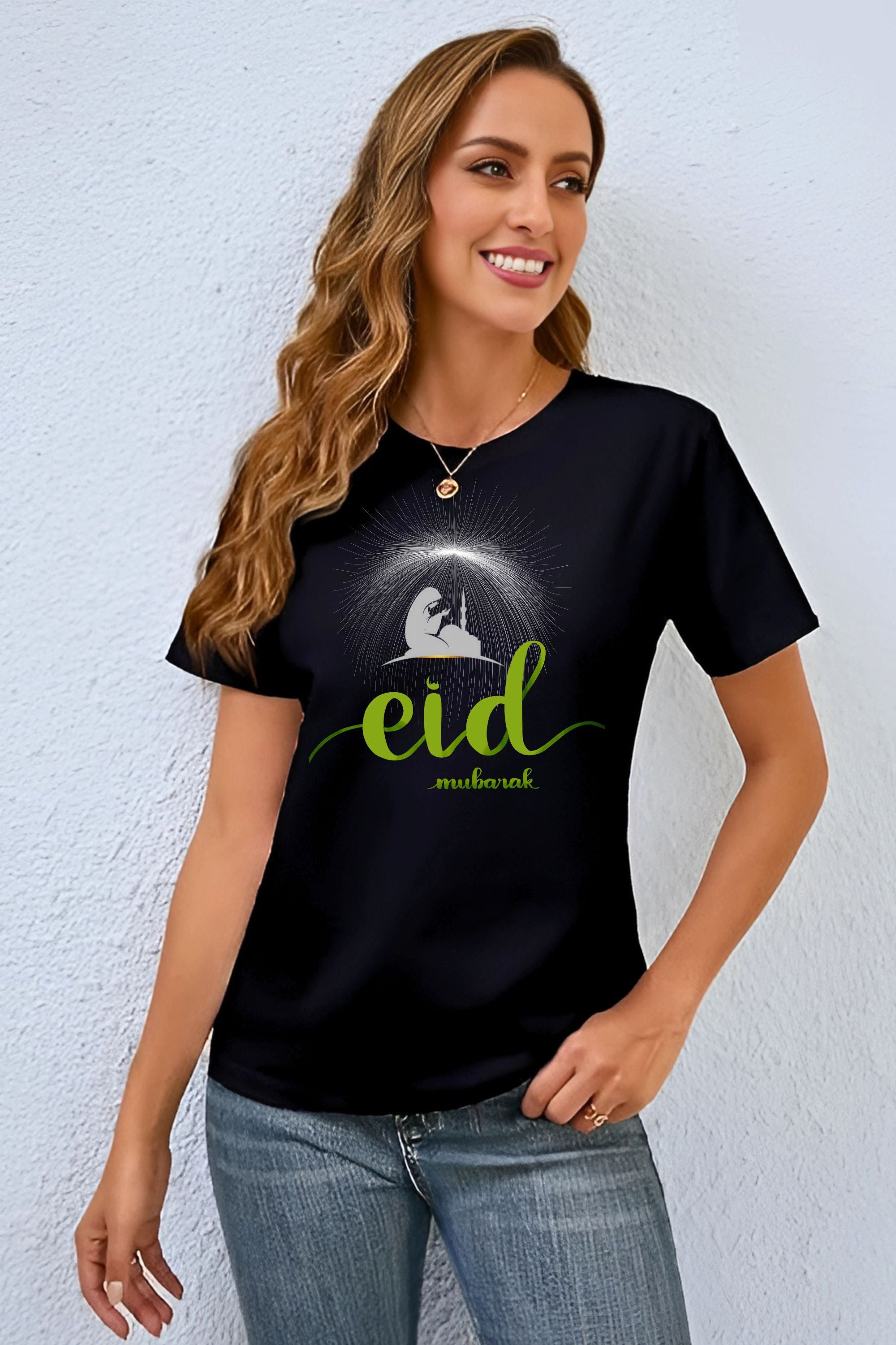 Eid Mubarak Graphic T-Shirt, Black Cotton, Mosque Design with Green Text