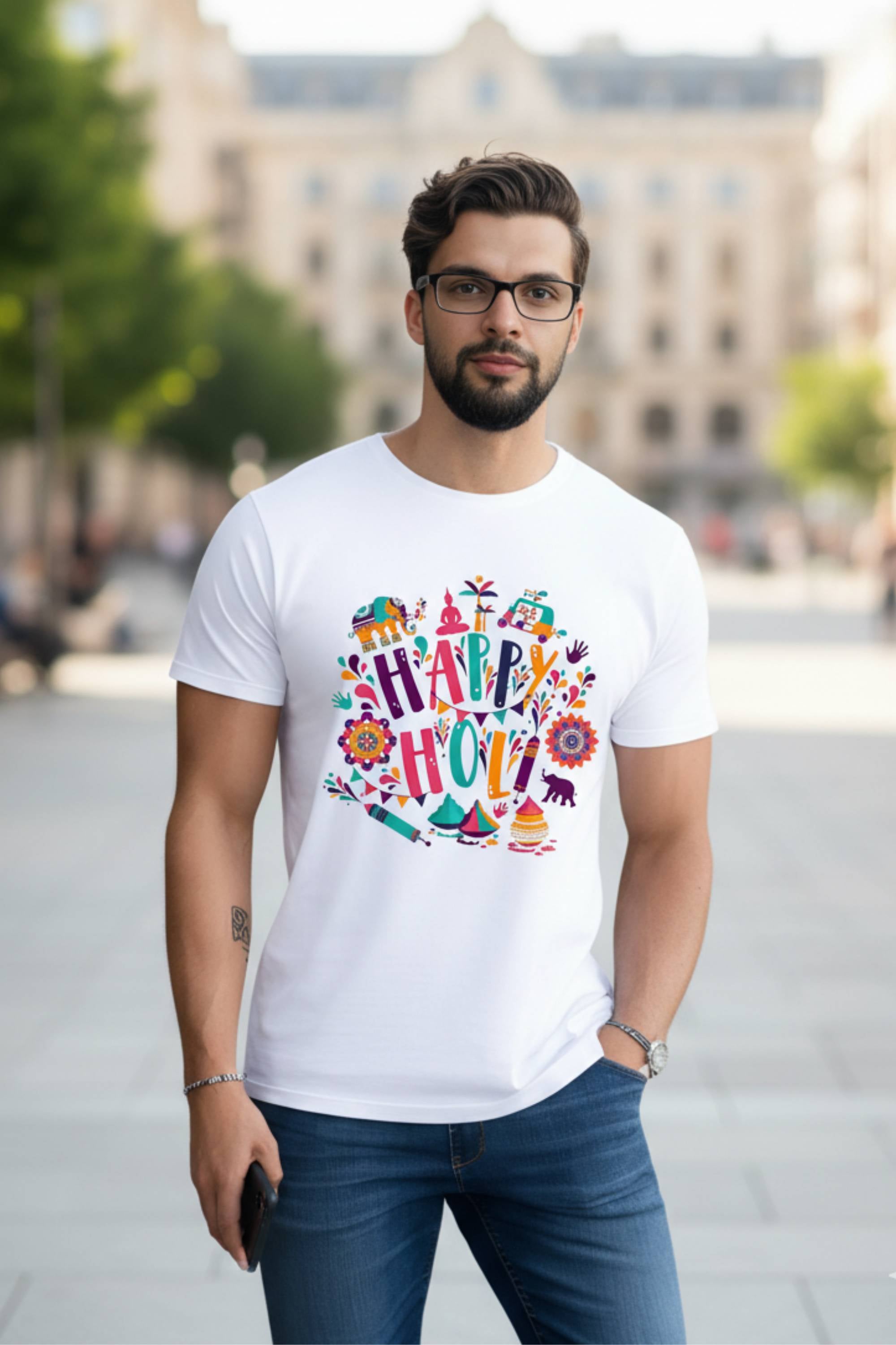 Happy Holi Festival Graphic T-Shirt, Unisex, White Polyester