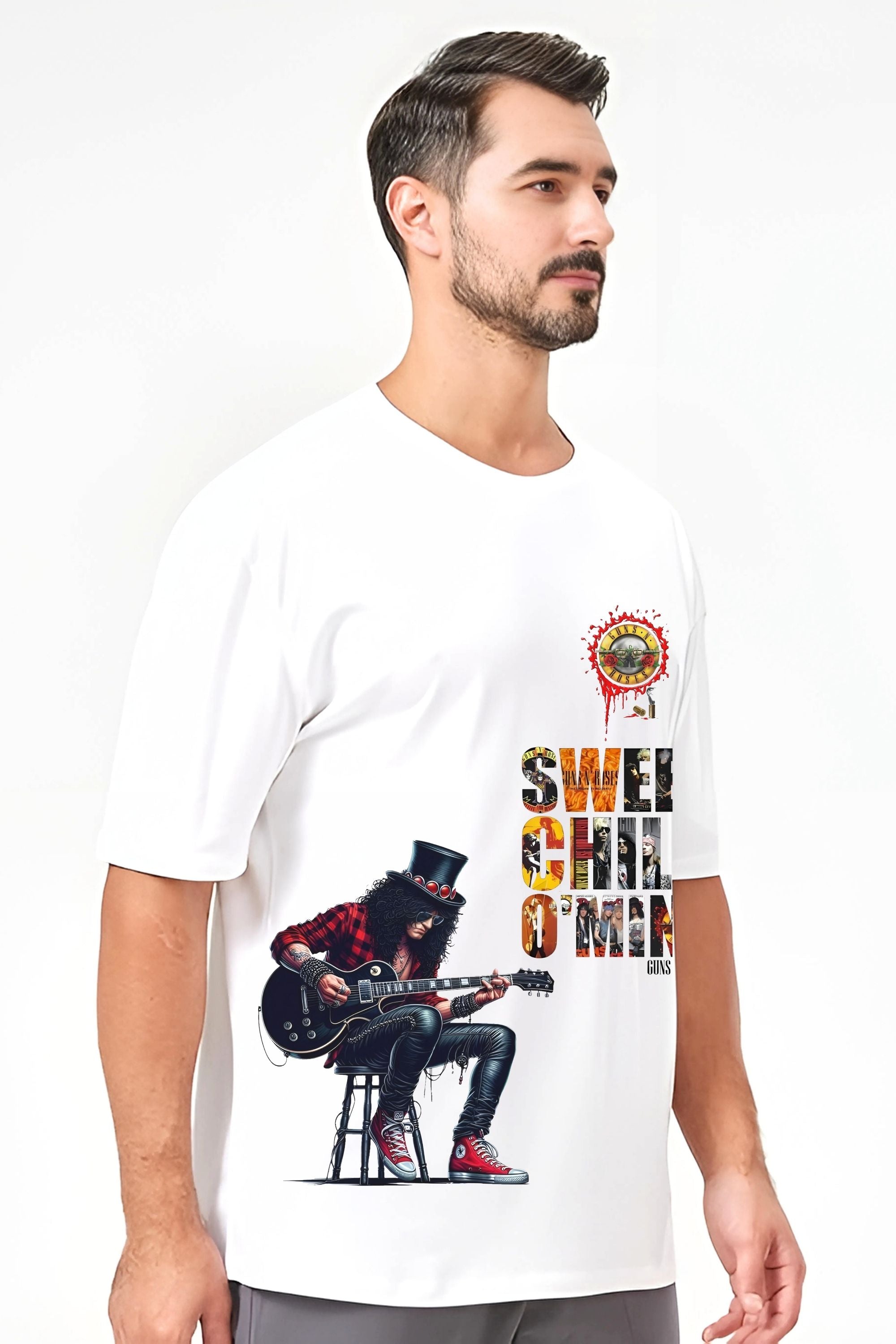 Guns N' Roses Sweet Child O' Mine Graphic Oversize T-Shirt, White Cotton, Rock Band Design