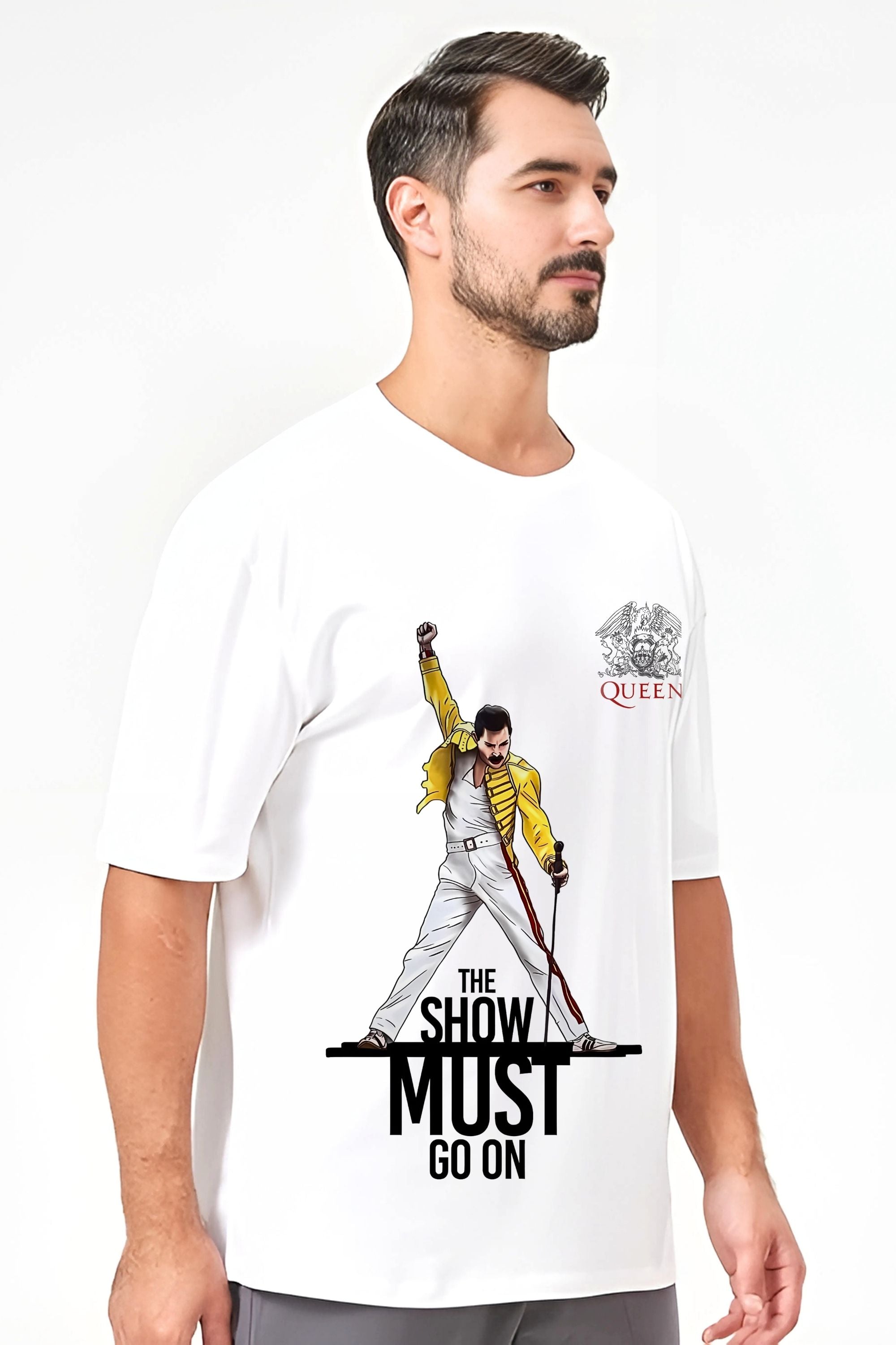 Queen Band Graphic Oversize T-Shirt, The Show Must Go On Print, White Cotton, Short Sleeve