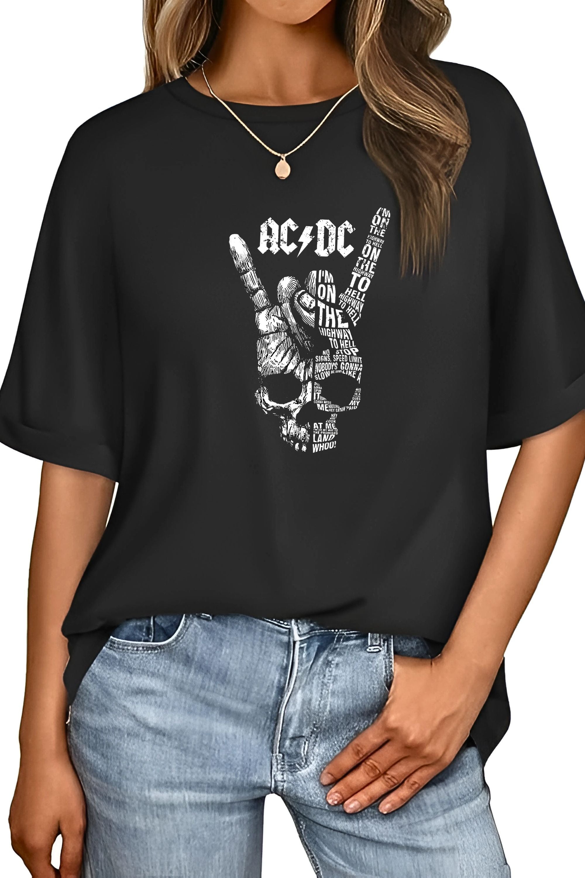 AC/DC Highway to Hell Rock Band T-Shirt, Black Oversize Cotton, Skull Design, Front and Back Print