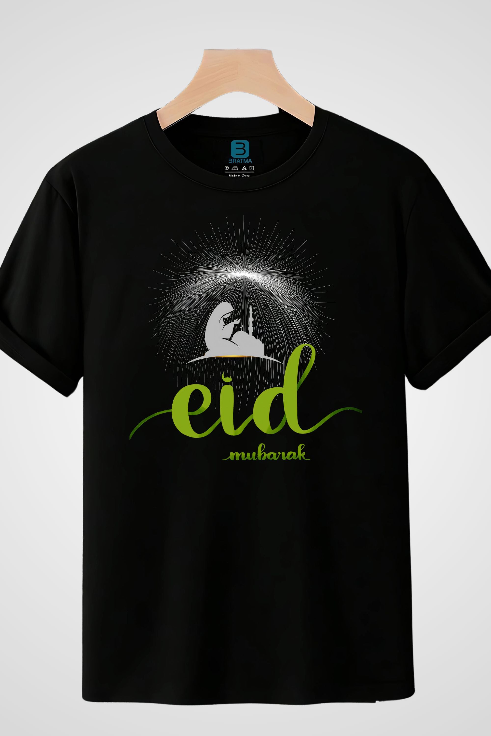 Eid Mubarak Graphic T-Shirt, Black Cotton, Mosque Design with Green Text