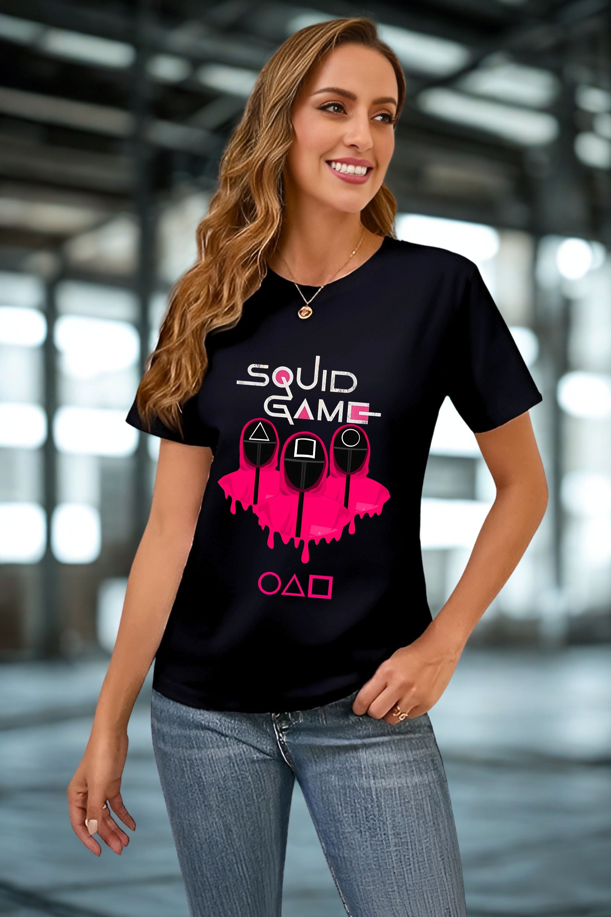 Squid Game Graphic T-Shirt, Black Cotton, Pink Print Design, Unisex