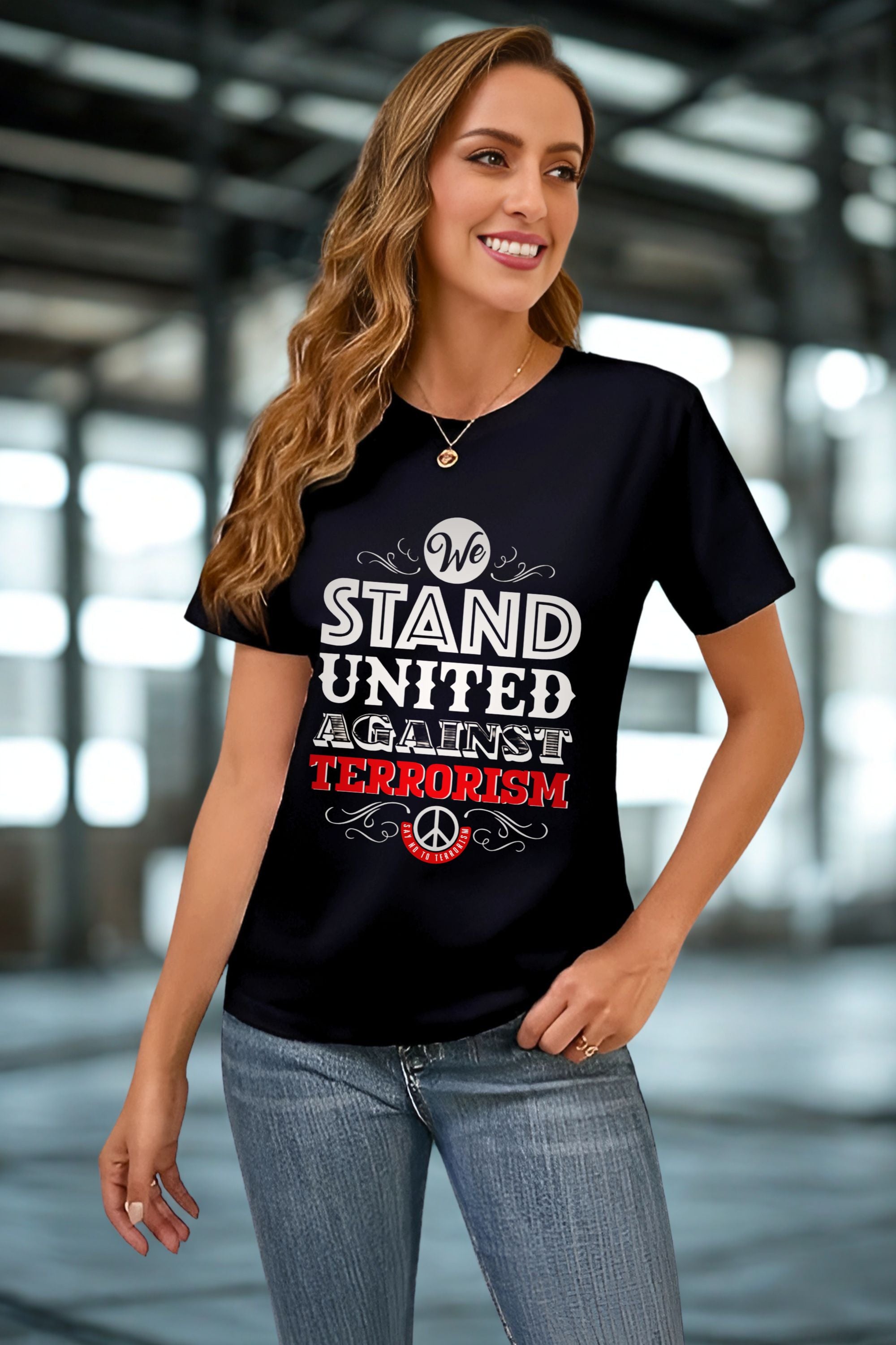 United Against Terrorism Peace Symbol T-Shirt, Black Graphic Print Cotton Tee