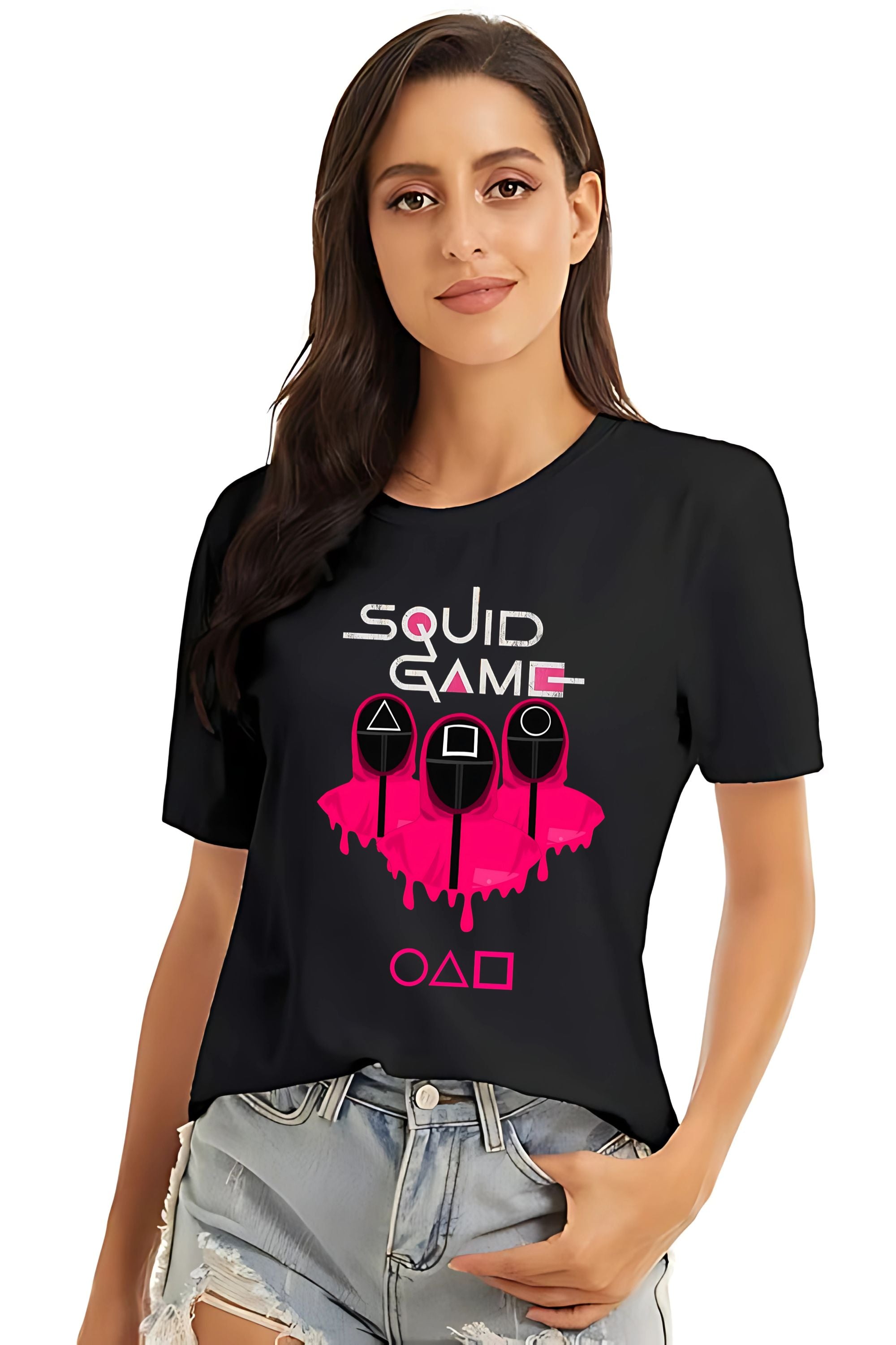Squid Game Graphic T-Shirt, Black Cotton, Pink Print Design, Unisex