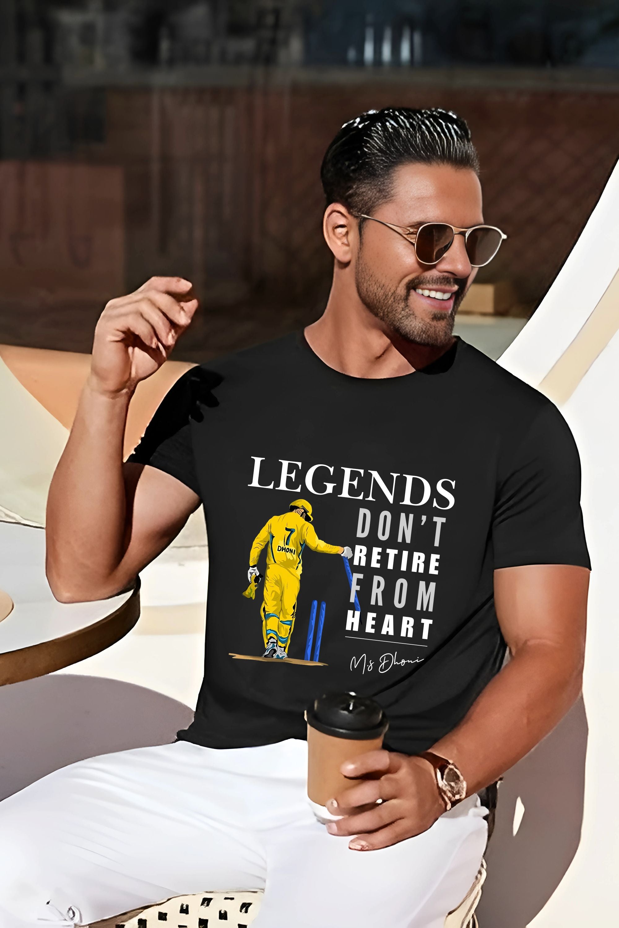 BRATMA Cricket Legend Dhoni Graphic T-Shirt, Legends Don't Retire from Heart Print, Black Cotton Round Neck, Sports Fan Wear