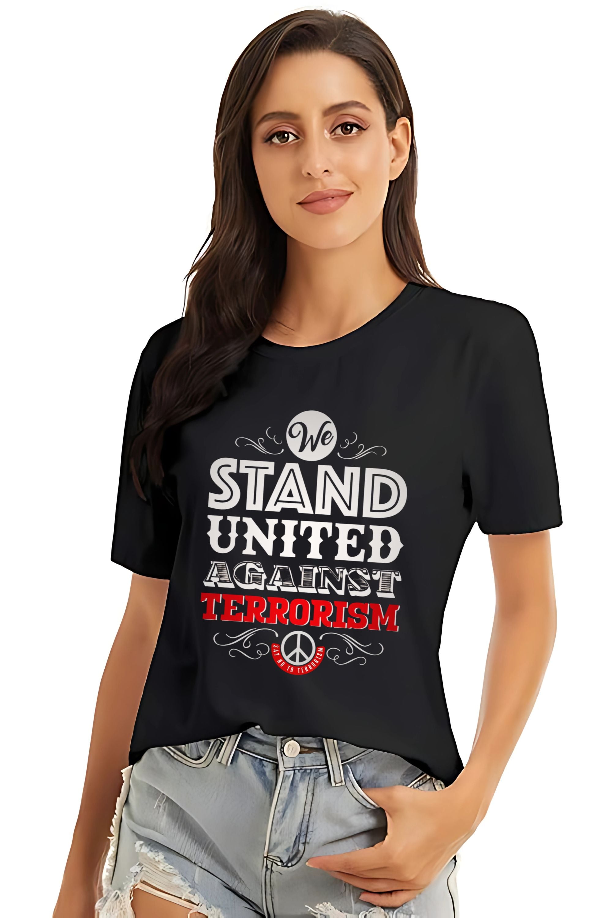 United Against Terrorism Peace Symbol T-Shirt, Black Graphic Print Cotton Tee