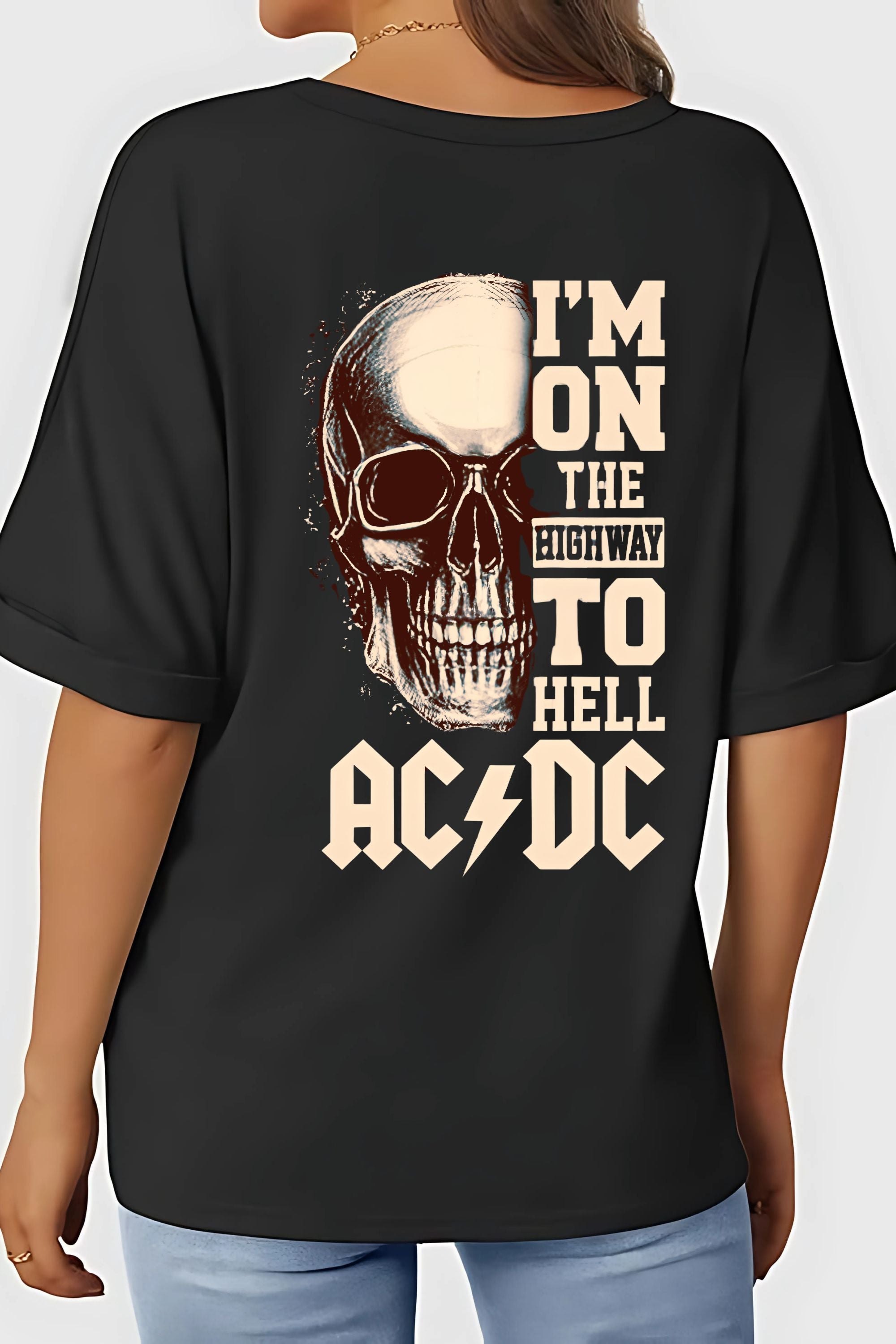 AC/DC Highway to Hell Rock Band T-Shirt, Black Oversize Cotton, Skull Design, Front and Back Print