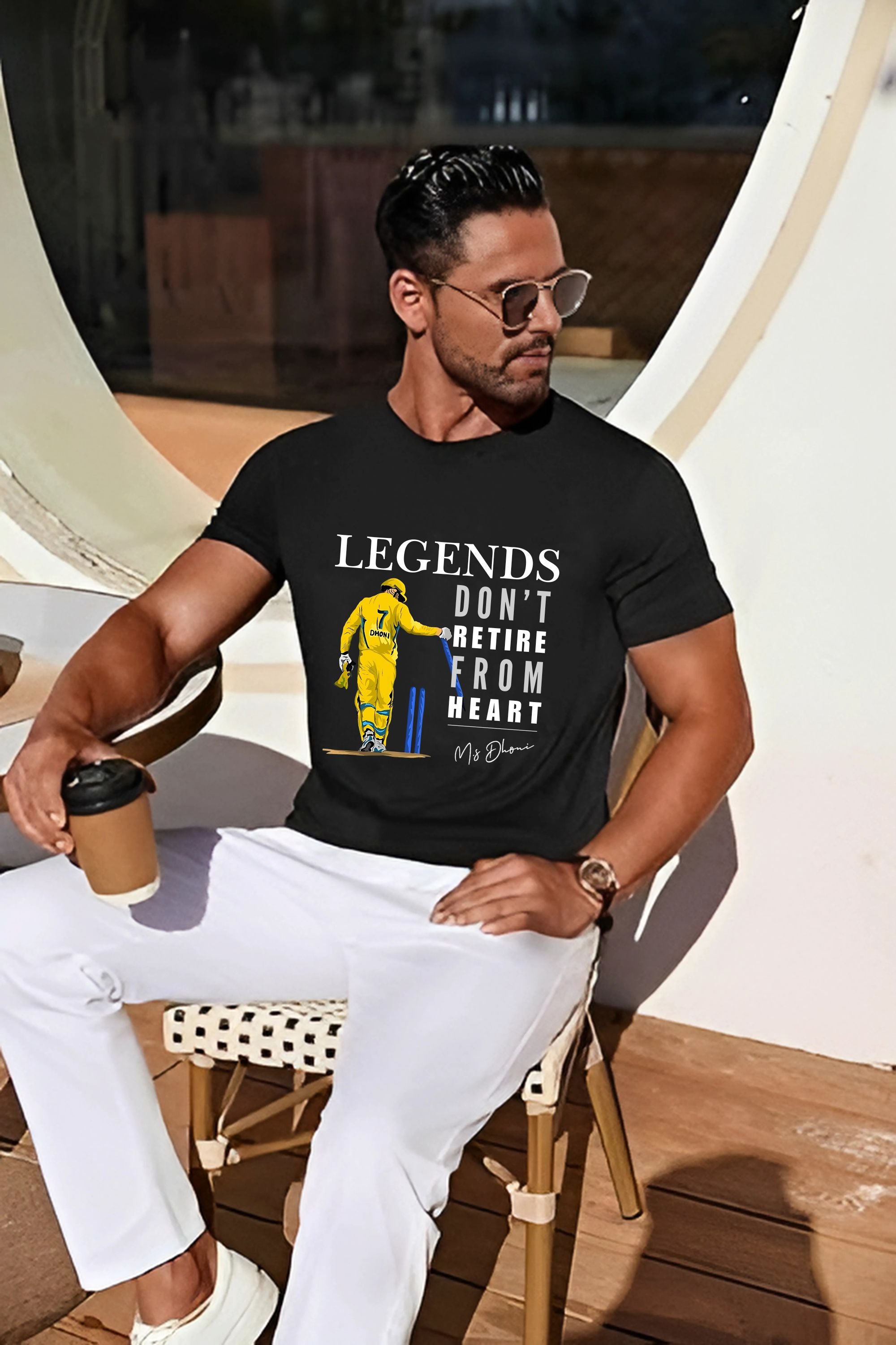 BRATMA Cricket Legend Dhoni Graphic T-Shirt, Legends Don't Retire from Heart Print, Black Cotton Round Neck, Sports Fan Wear