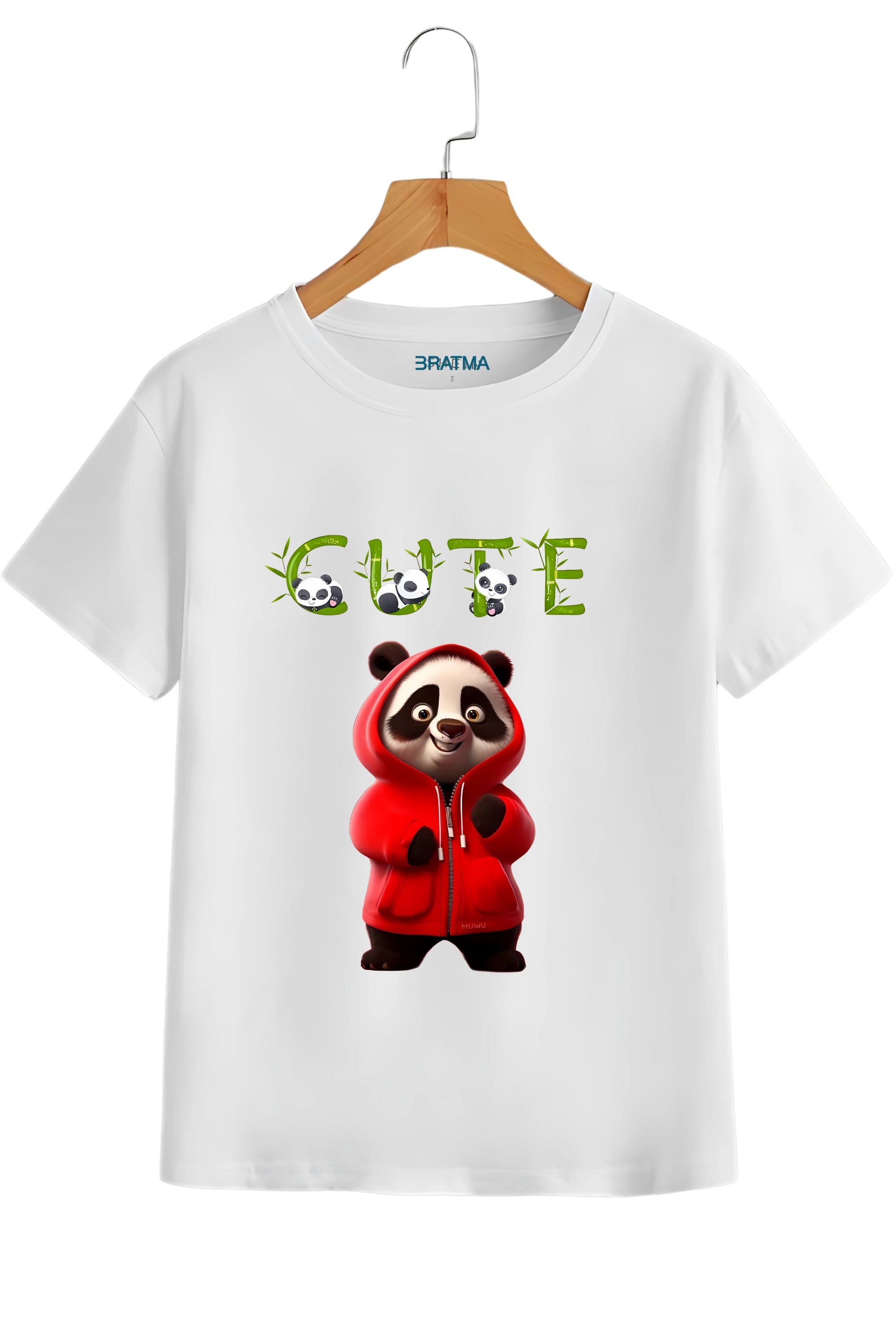 Cute Panda Graphic T-Shirt, White Cotton, Bamboo Text Design with Red Panda Print