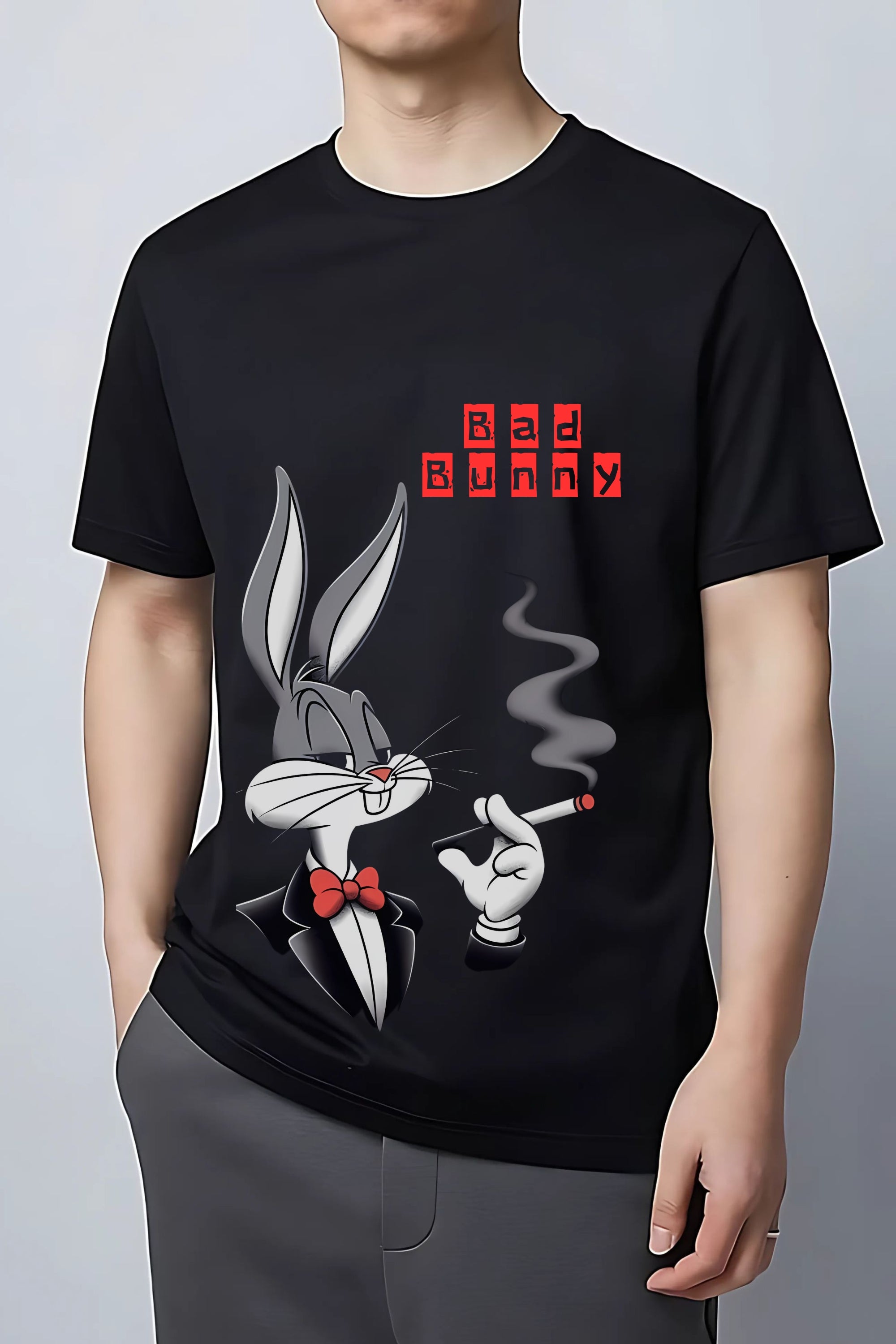 Bad Bunny Graphic T-Shirt, Black Cotton, Smoking Rabbit Print with Red Bow Tie Design
