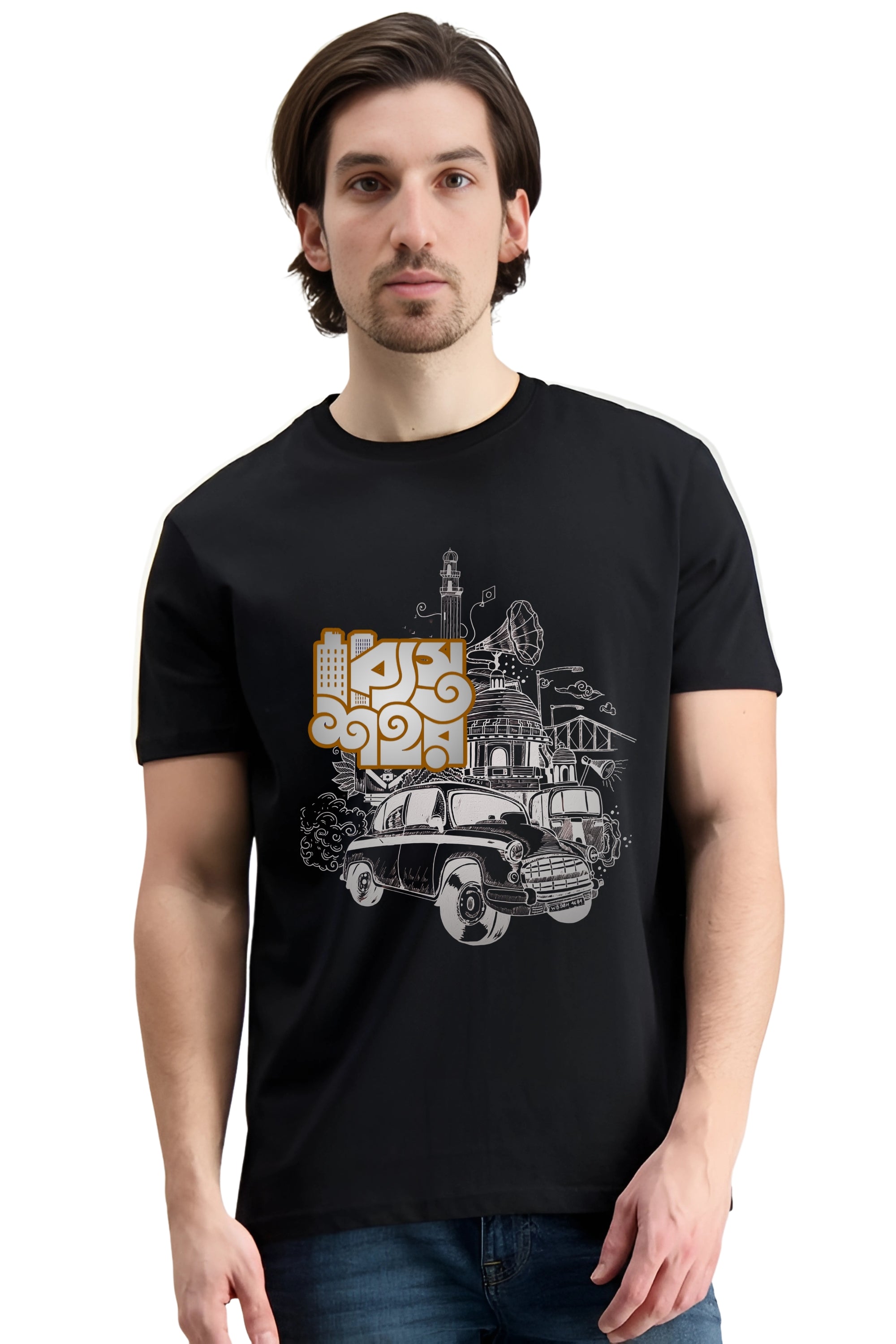 Vintage Kolkata City Design T-Shirt, Black Cotton, Retro Car Print, Unisex