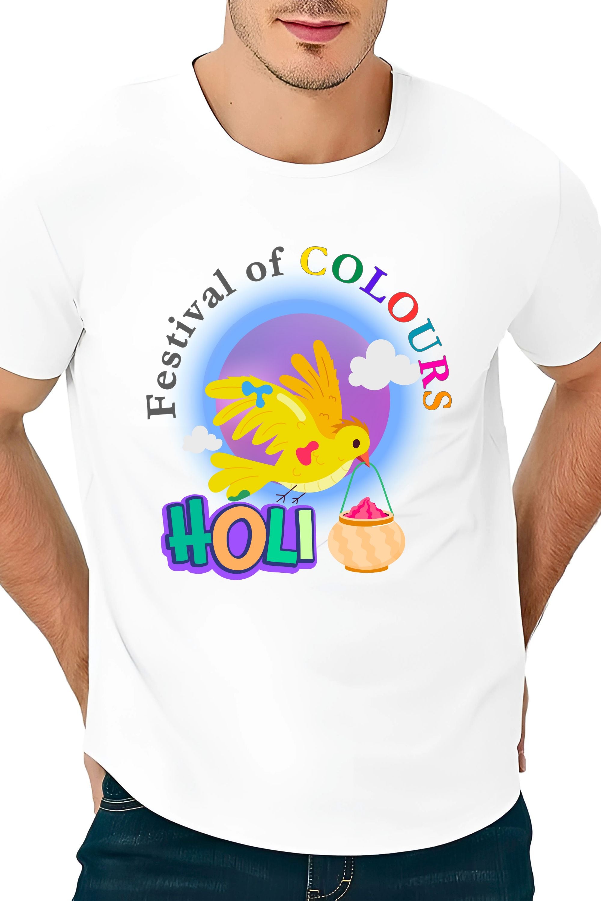 Happy Holi Unisex Graphic Print White Polyester T-Shirt