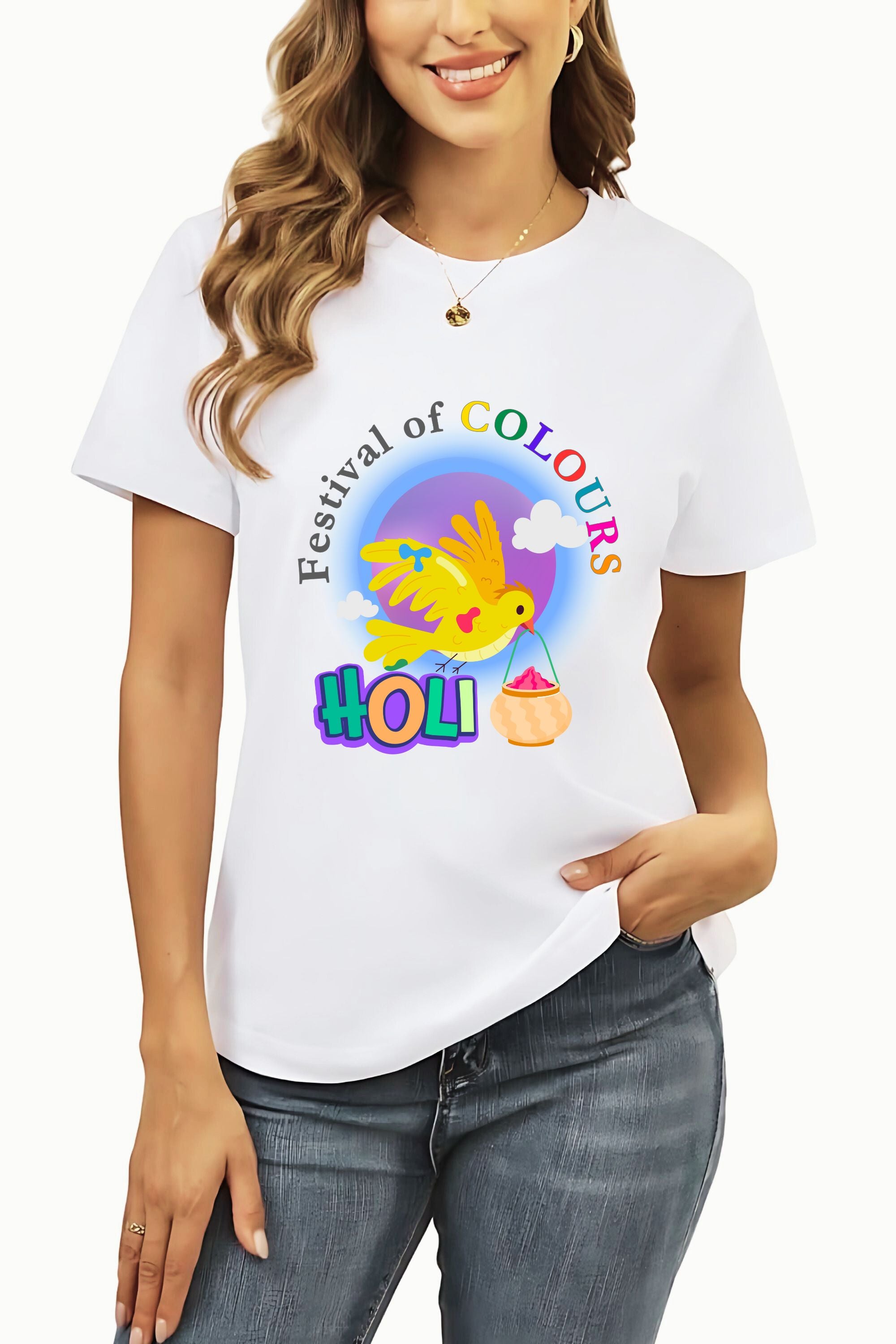 Happy Holi Unisex Graphic Print White Polyester T-Shirt