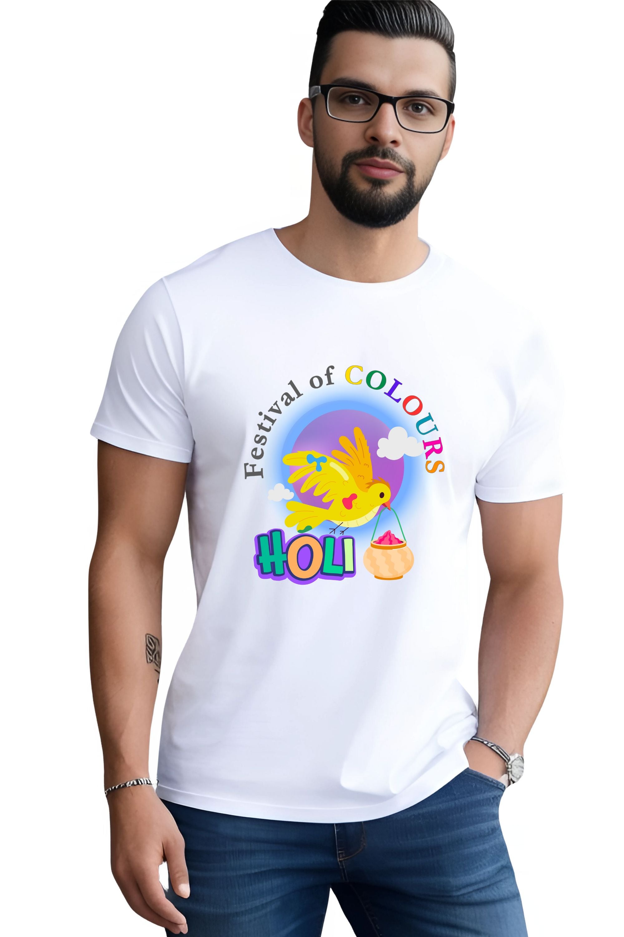 Happy Holi Unisex Graphic Print White Polyester T-Shirt