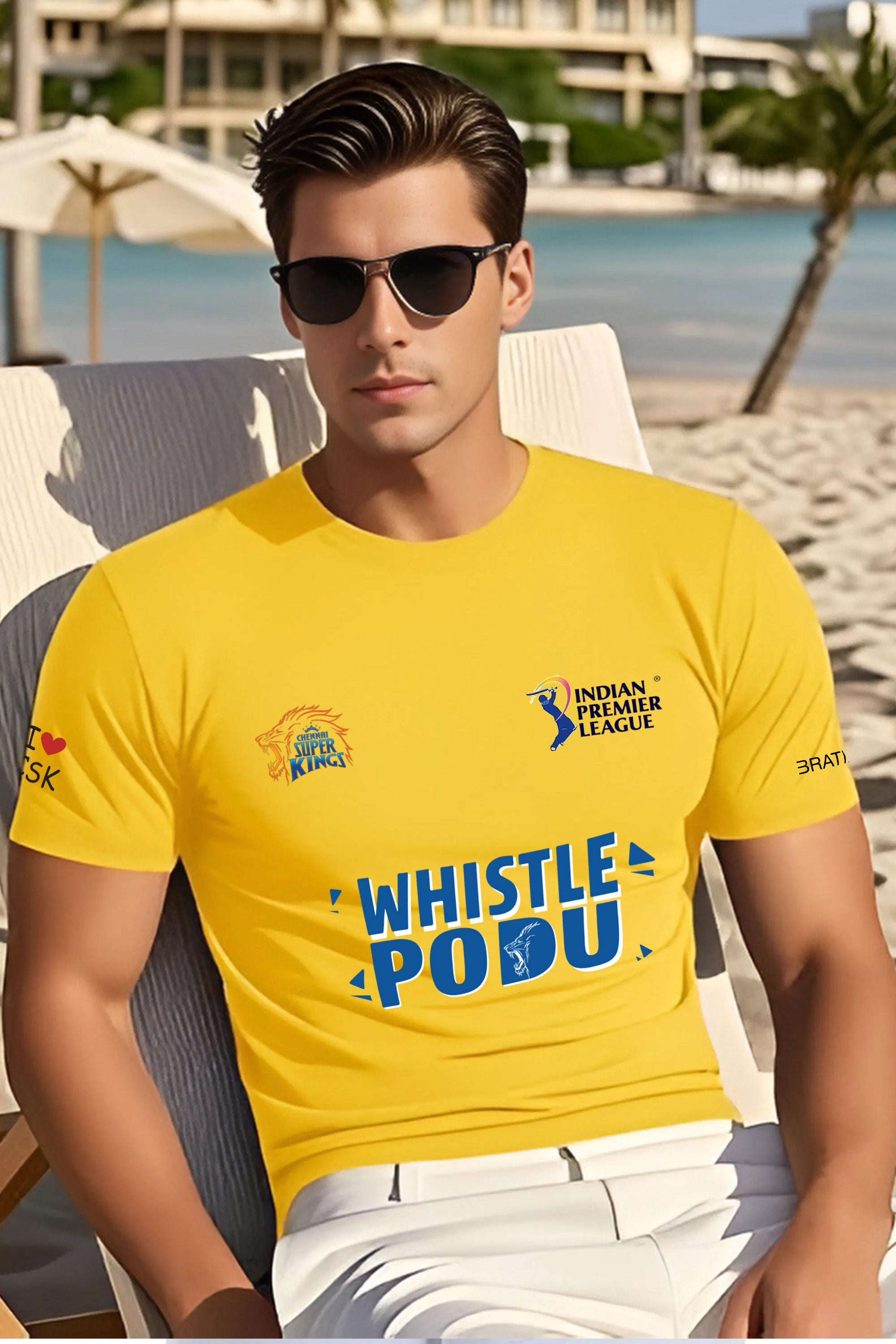 Chennai Super Kings Official IPL Cricket T-Shirt, Yellow Jersey with Whistle Podu Print
