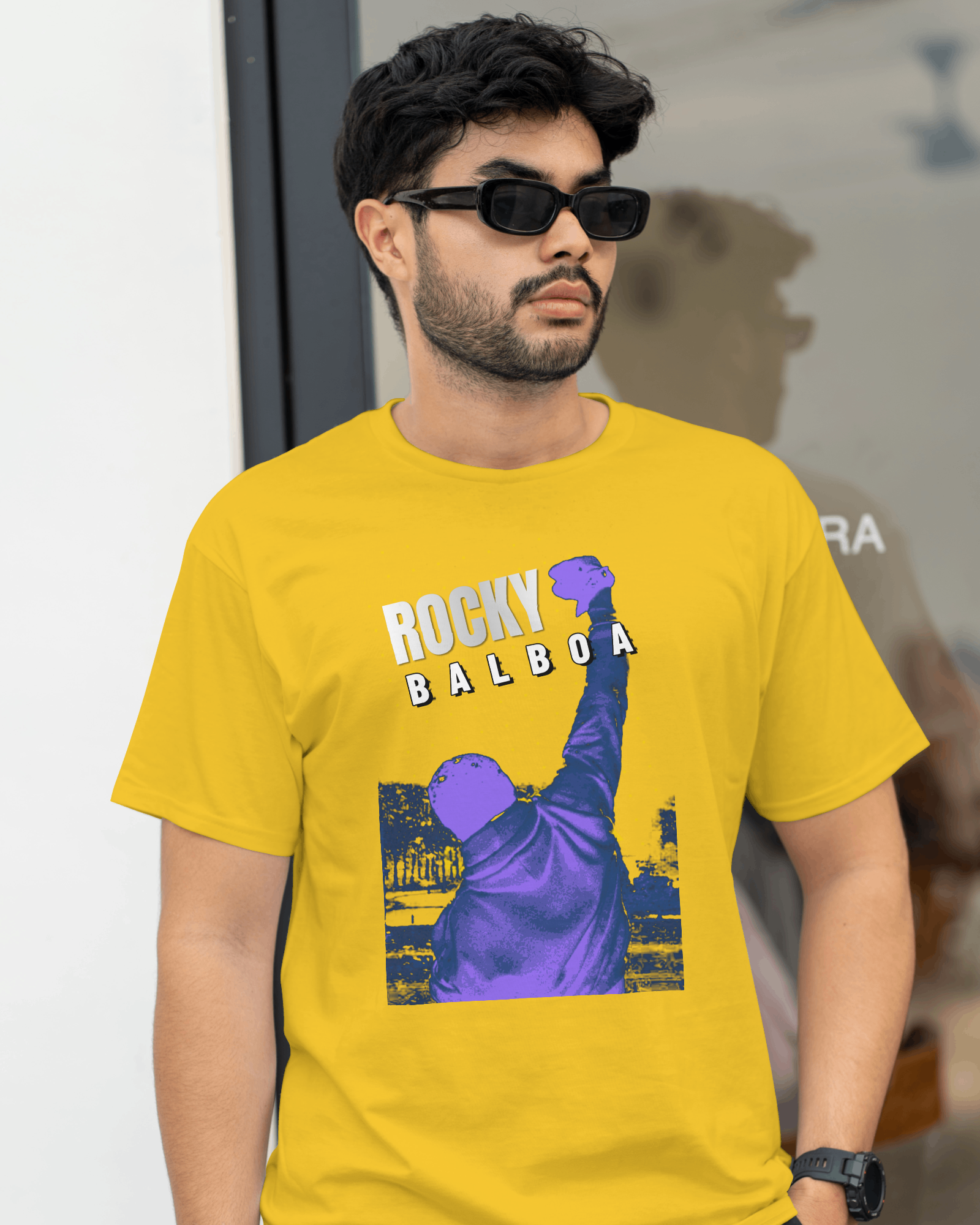 "ROCKY BALBOA" Poster Printed Tshirt | YELLOW COLOR